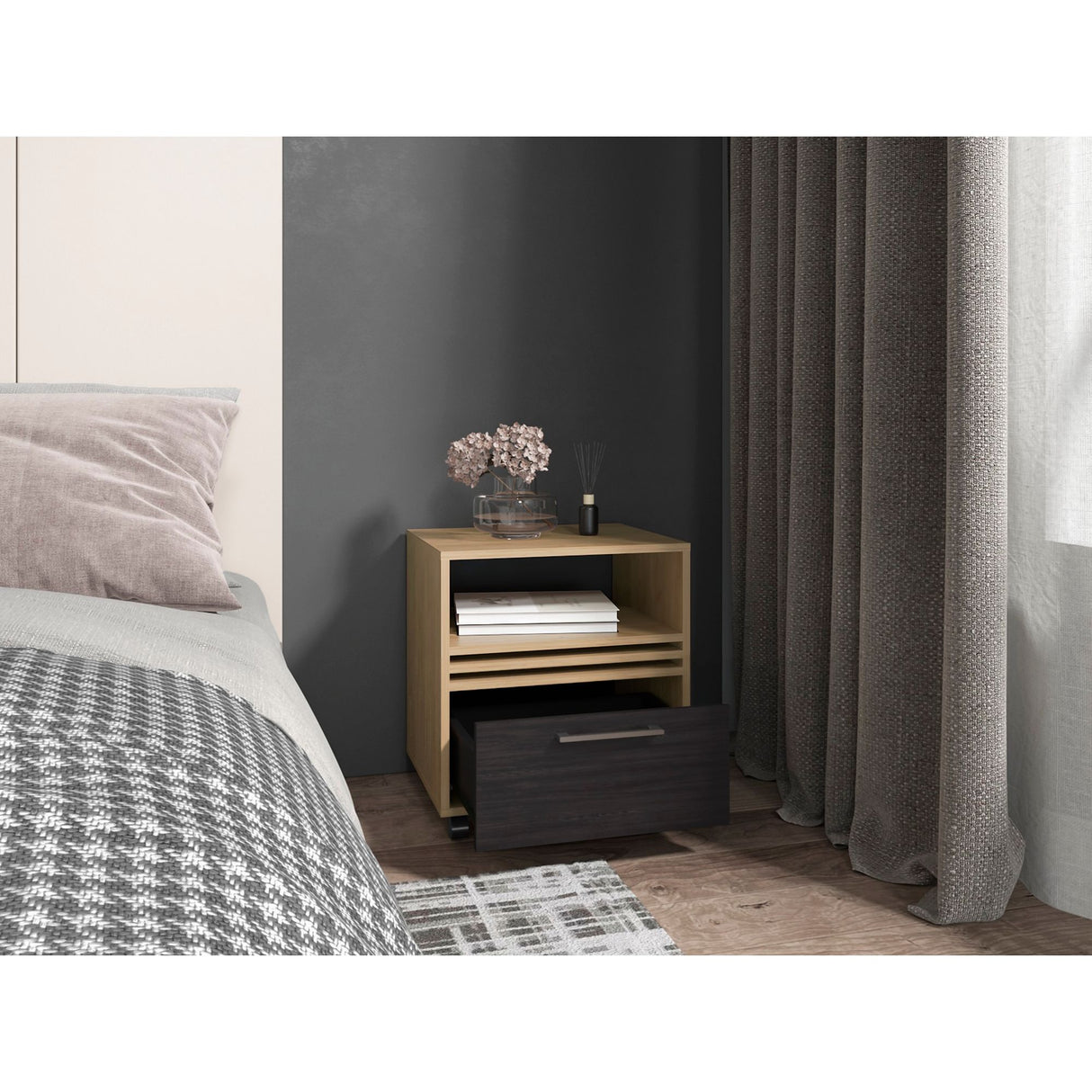 Mesa de Noche Vance Fresno Europeo y Wengue 48.1x52cm con Un Cajón - MESAS DE NOCHE | Bylmo