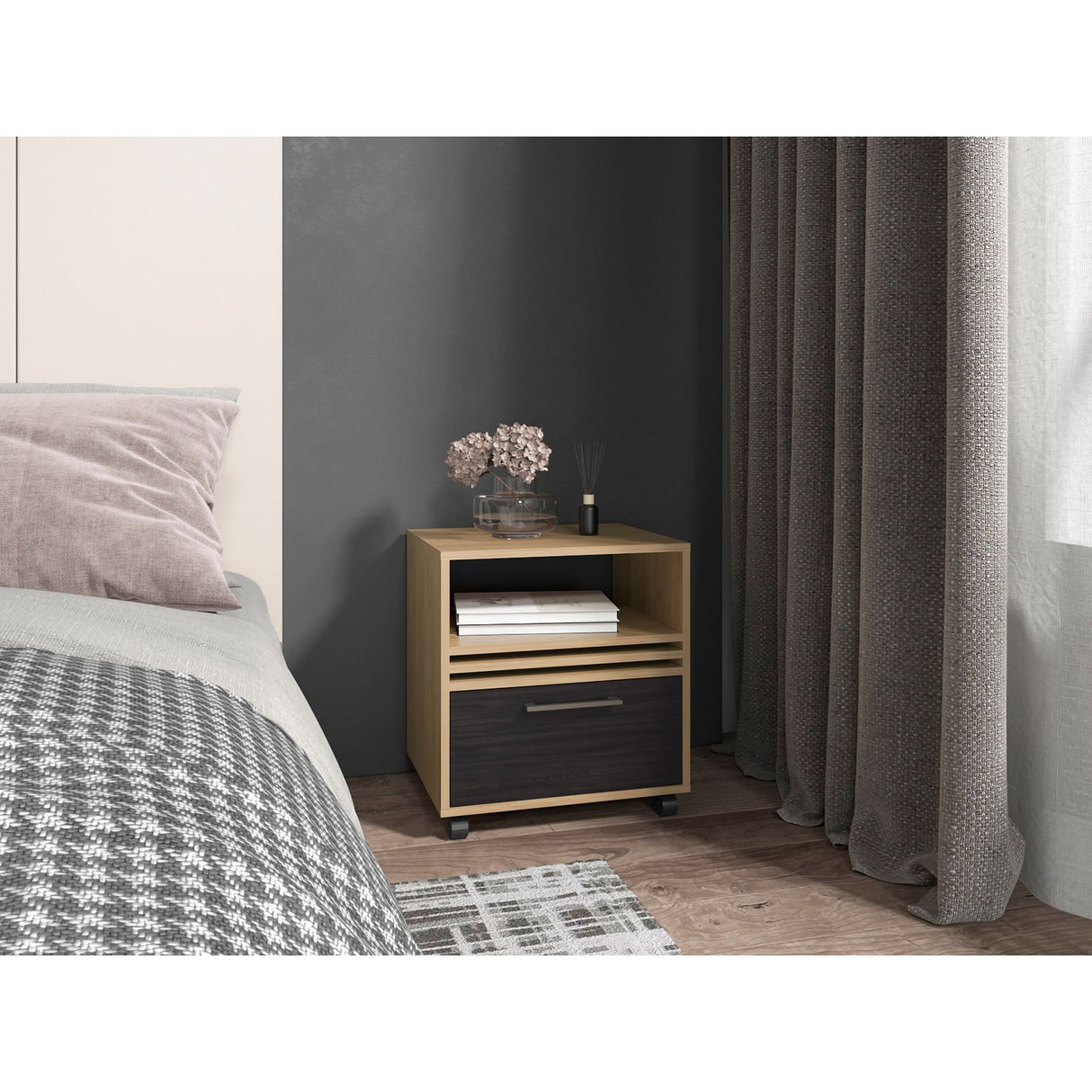 Mesa de Noche Vance Fresno Europeo y Wengue 48.1x52cm con Un Cajón - MESAS DE NOCHE | Bylmo