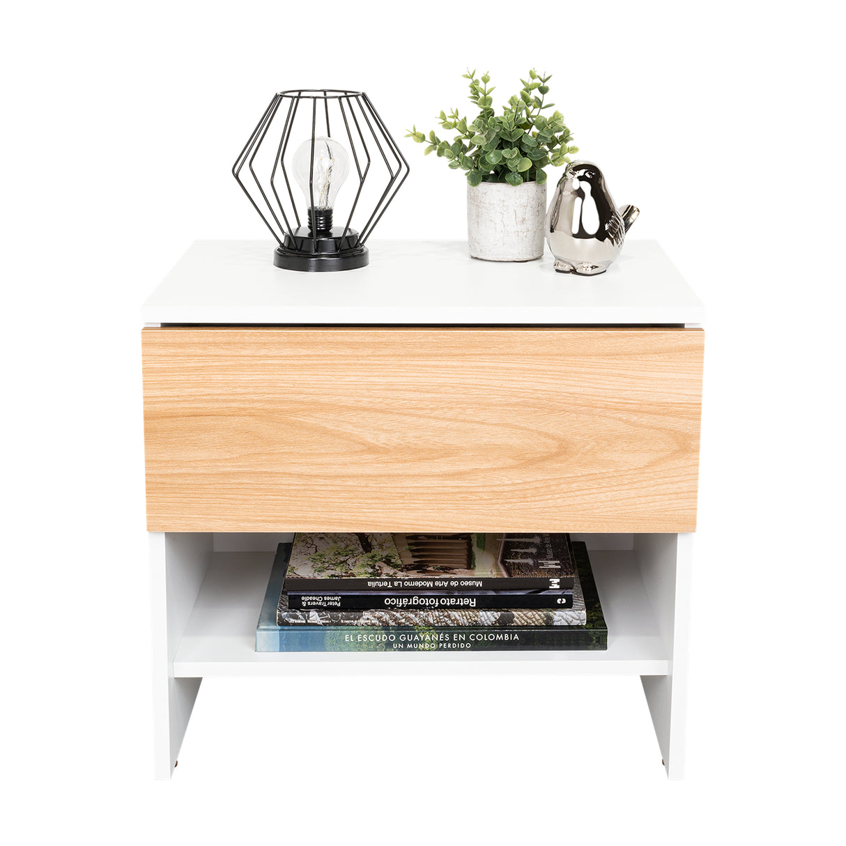 Mesa de Noche Dasel Fresno Europeo y Blanco 50x46.6cm con Un Cajón - MESAS DE NOCHE | Bylmo