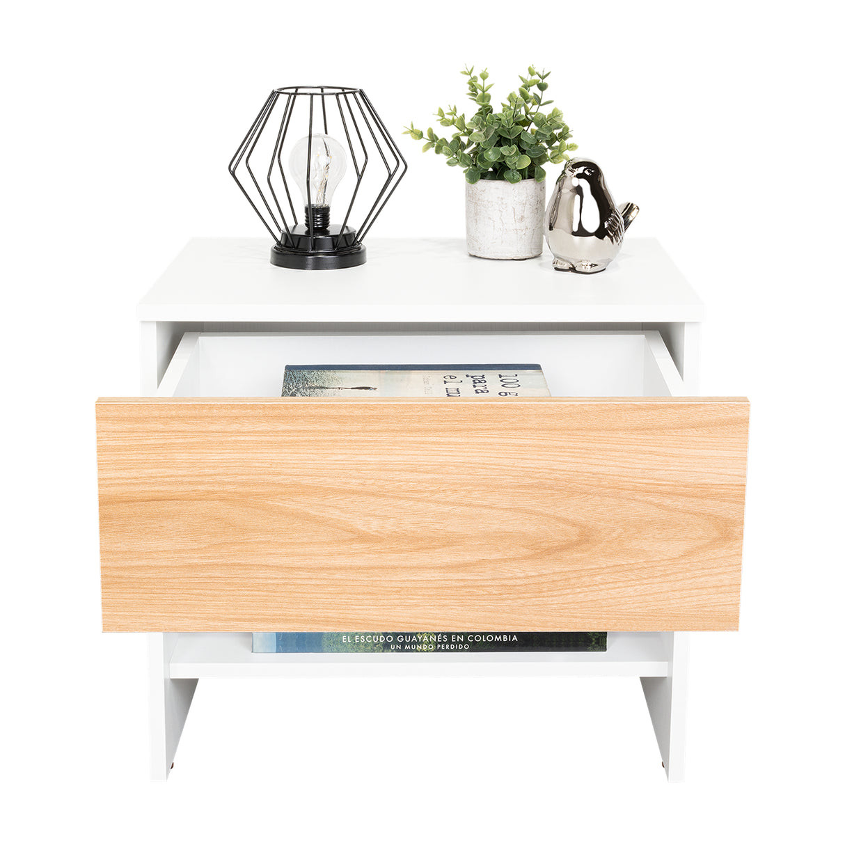 Mesa de Noche Dasel Fresno Europeo y Blanco 50x46.6cm con Un Cajón - MESAS DE NOCHE | Bylmo