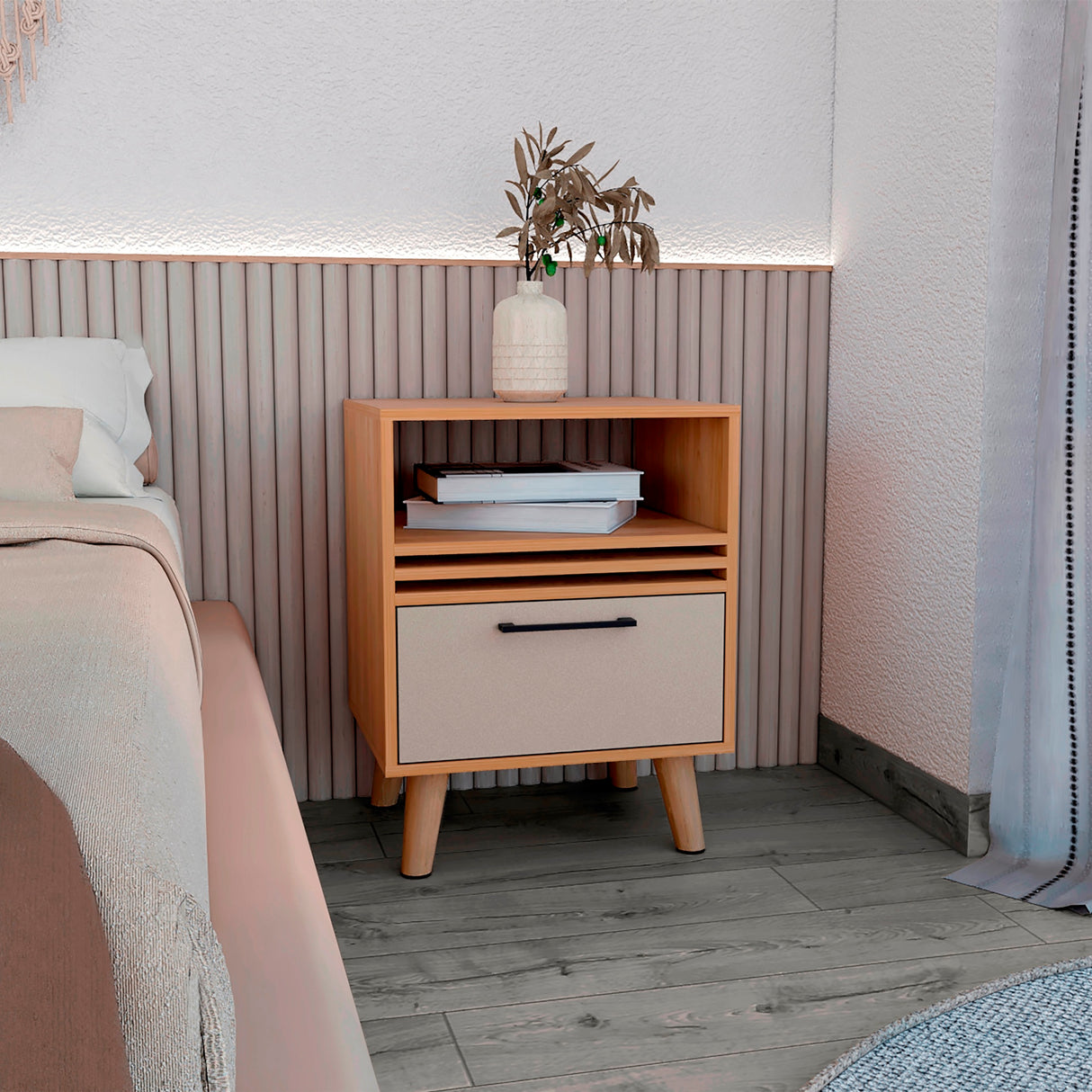 Mesa de Noche Vance Fresno Europeo y Capri 48x62.4cm con Un Cajón - MESAS DE NOCHE | Bylmo