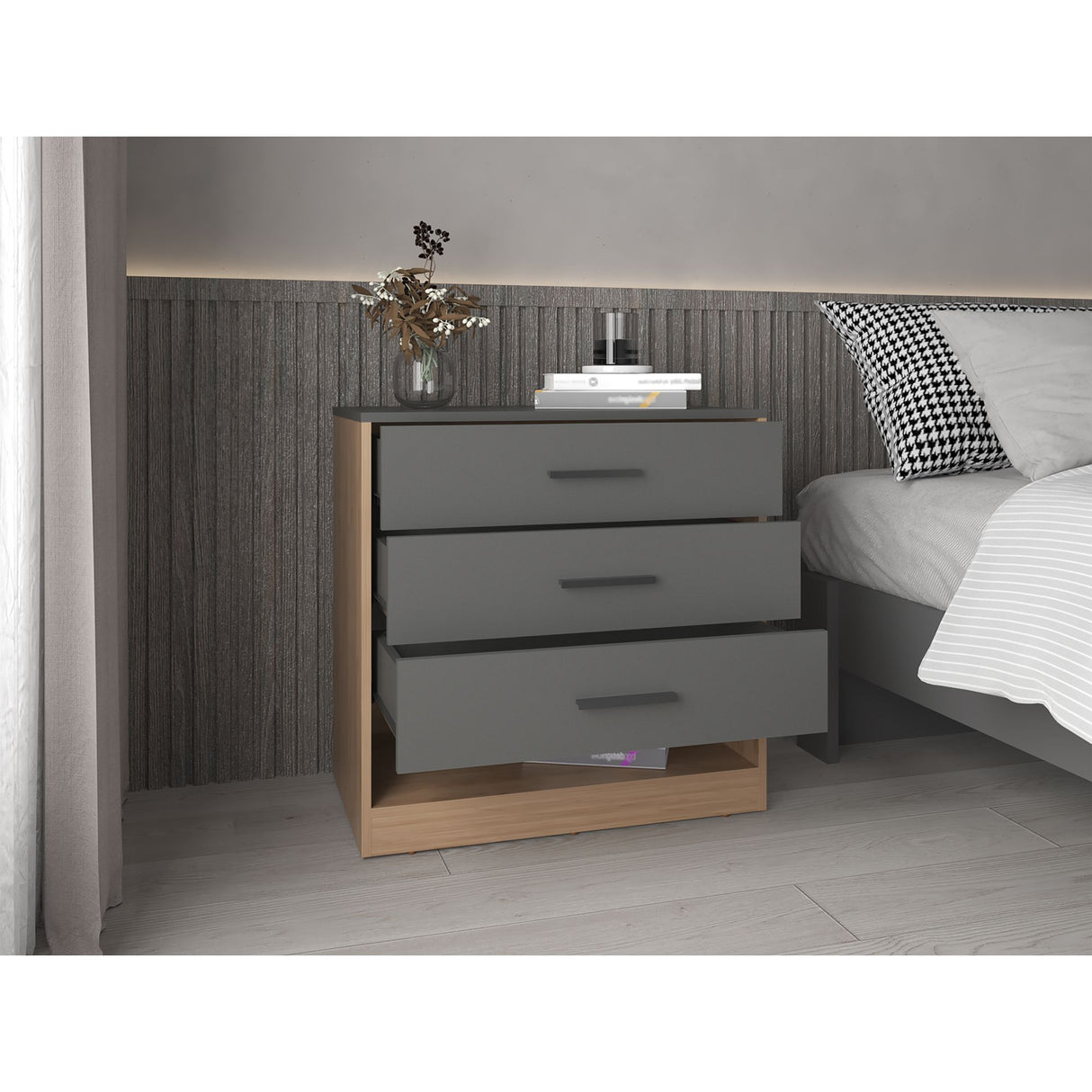 Cajonera Alder Plomo y Fresno Europeo 70x70cm con Tres Cajones - CAJONERAS Y COMODAS | Bylmo