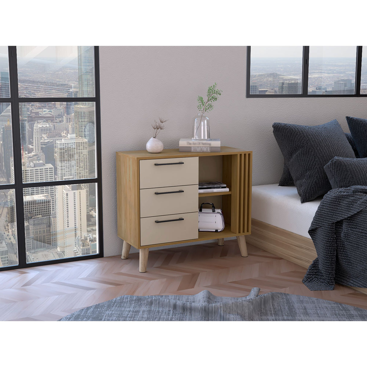 Cajonera Vance Fresno Europeo y Capri 80x70cm con Tres Cajones - CAJONERAS Y COMODAS | Bylmo