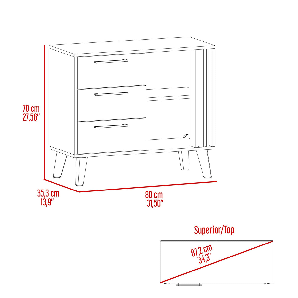 Cajonera Vance Fresno Europeo y Capri 80x70cm con Tres Cajones - CAJONERAS Y COMODAS | Bylmo