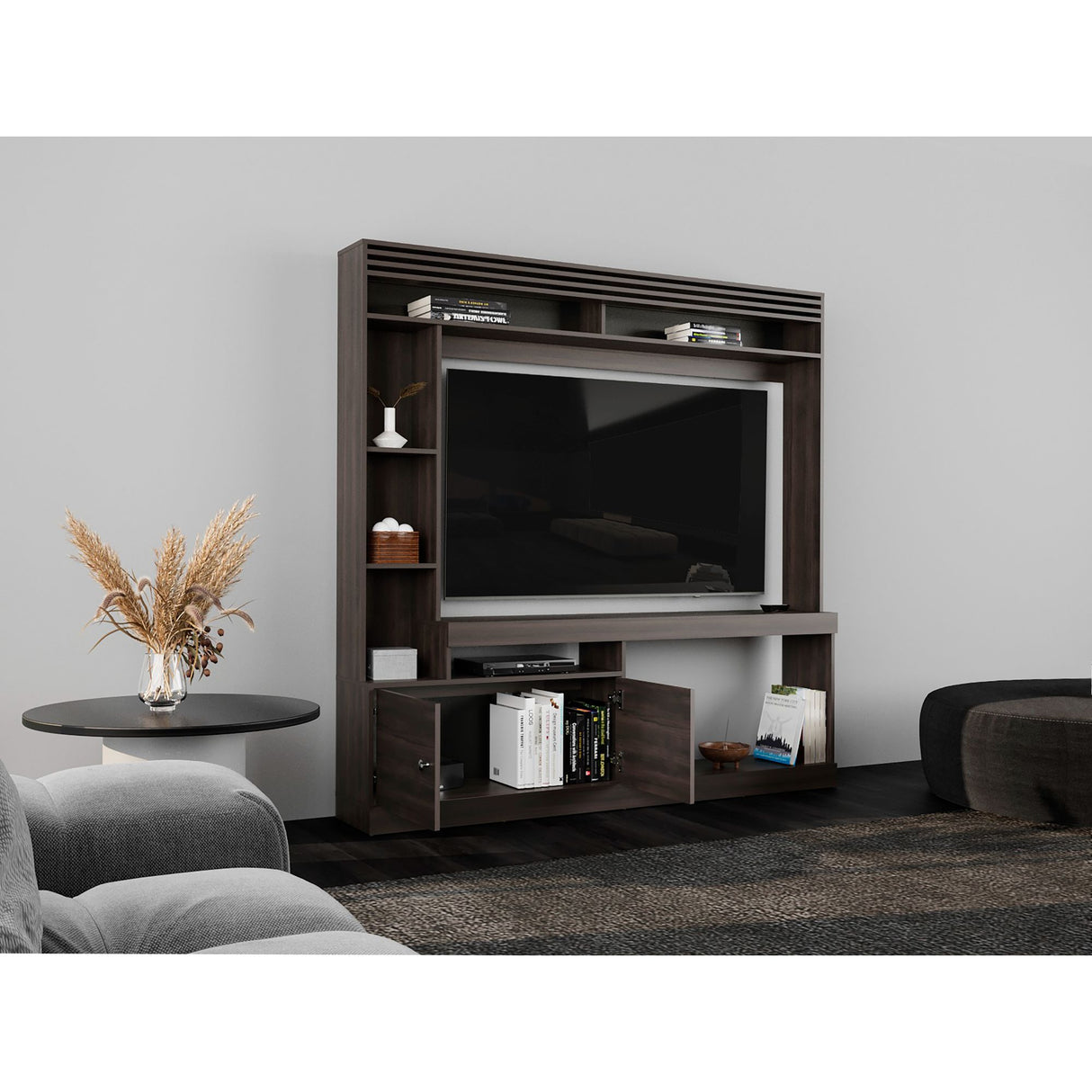 Centro de Entretenimiento Dante Nogal 180x180.6cm Para TV Hasta 55 Pulgadas - MUEBLES DE TV | Bylmo