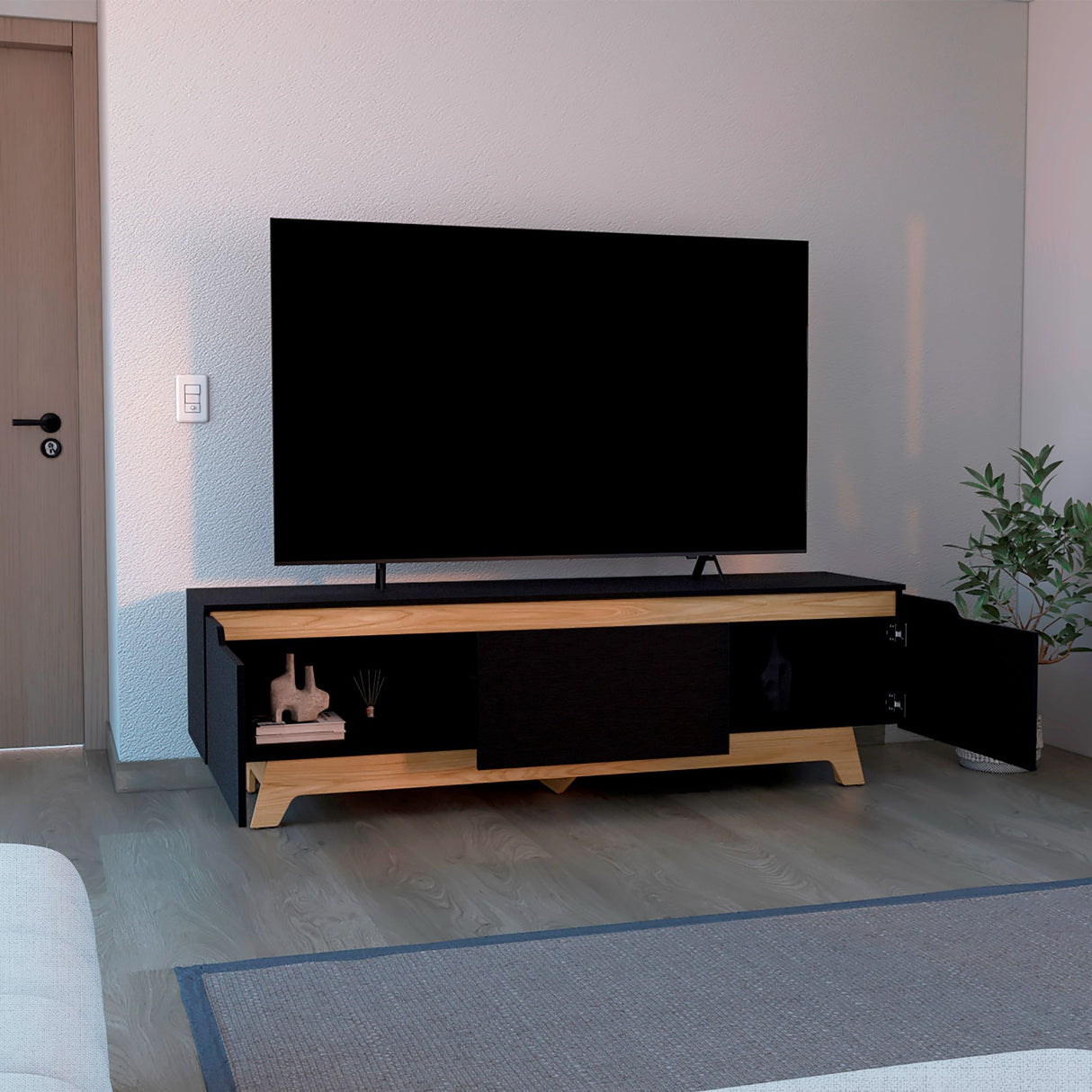 Centro de Entretenimiento Woodall Wengue y Fresno Europeo 180.6x53cm Para TV Hasta 80 Pulgadas - MUEBLES DE TV | Bylmo