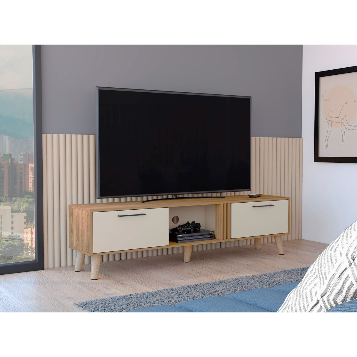 Rack de TV Vance Capri y Fresno Europeo 160x35cm Para TV Hasta 70 Pulgadas con Ranuras para Cables - MUEBLES DE TV | Bylmo