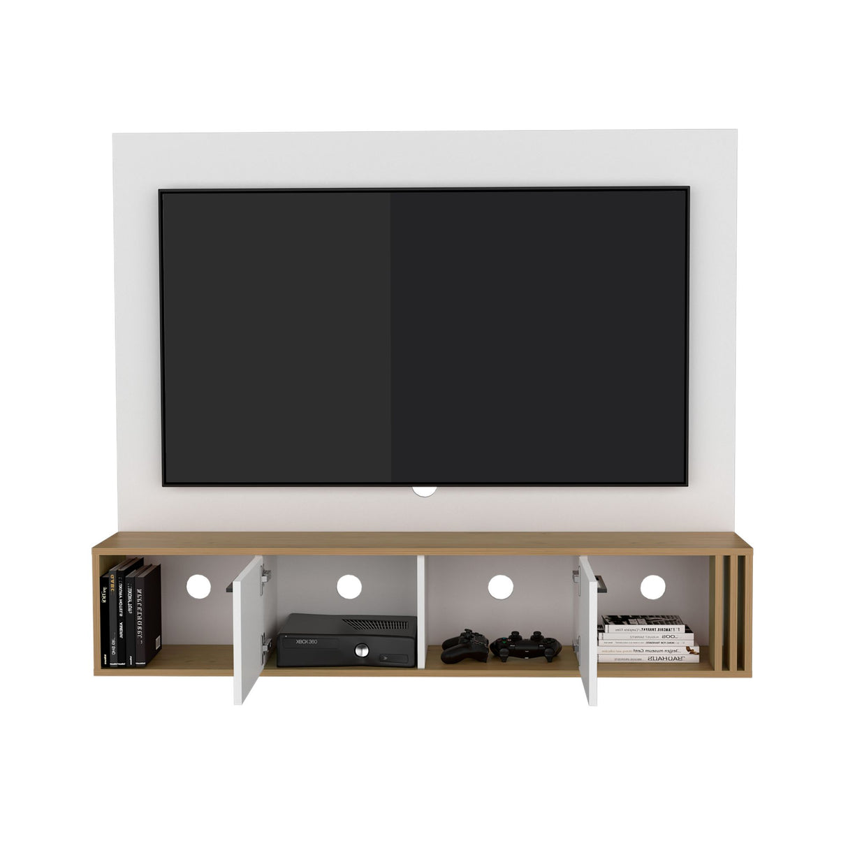 Panel de TV Flotante Vance Blanco y Fresno Europeo 142.6x120cm Para TV Hasta 60 Pulgadas con Ranuras para Cables - MUEBLES DE TV | Bylmo