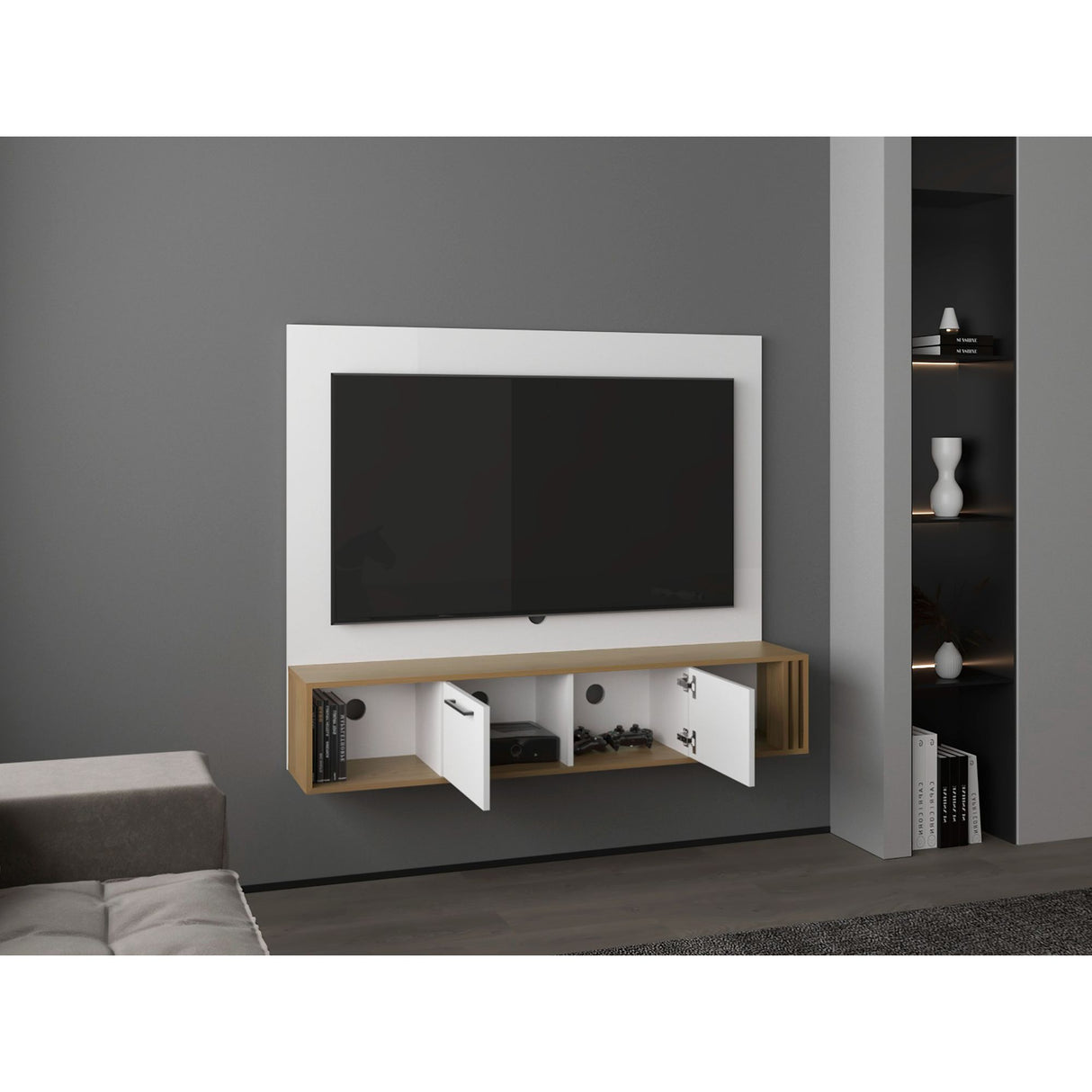 Panel de TV Flotante Vance Blanco y Fresno Europeo 142.6x120cm Para TV Hasta 60 Pulgadas con Ranuras para Cables - MUEBLES DE TV | Bylmo