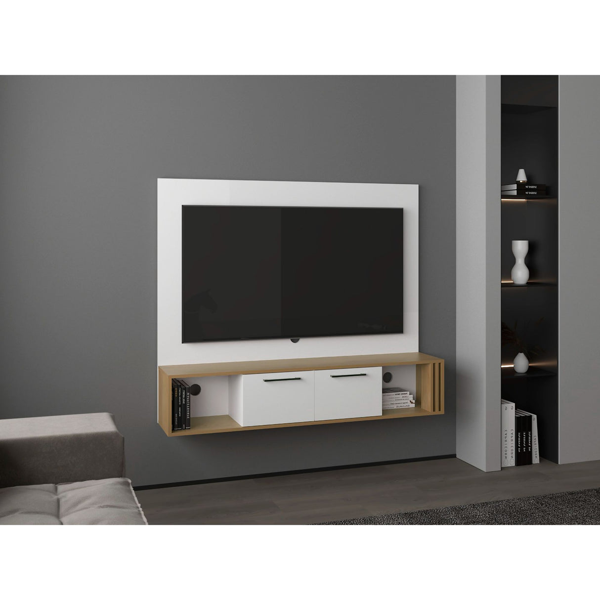 Panel de TV Flotante Vance Blanco y Fresno Europeo 142.6x120cm Para TV Hasta 60 Pulgadas con Ranuras para Cables - MUEBLES DE TV | Bylmo