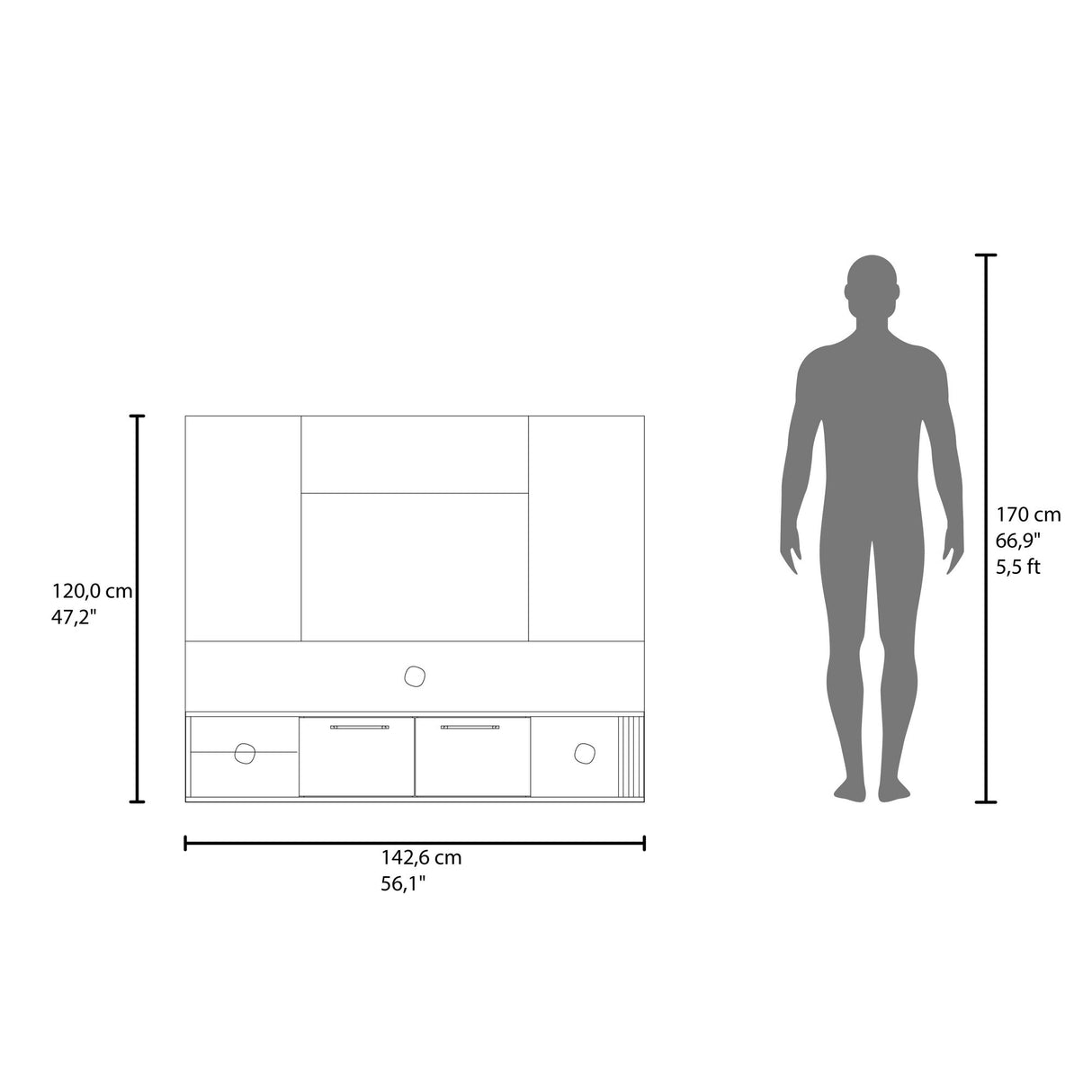 Panel de TV Flotante Vance Blanco y Fresno Europeo 142.6x120cm Para TV Hasta 60 Pulgadas con Ranuras para Cables - MUEBLES DE TV | Bylmo