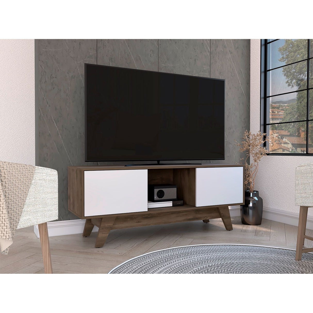 Rack de TV Romero Bellota y Blanco 135x53.7cm Para TV Hasta 55 Pulgadas - MUEBLES DE TV | Bylmo