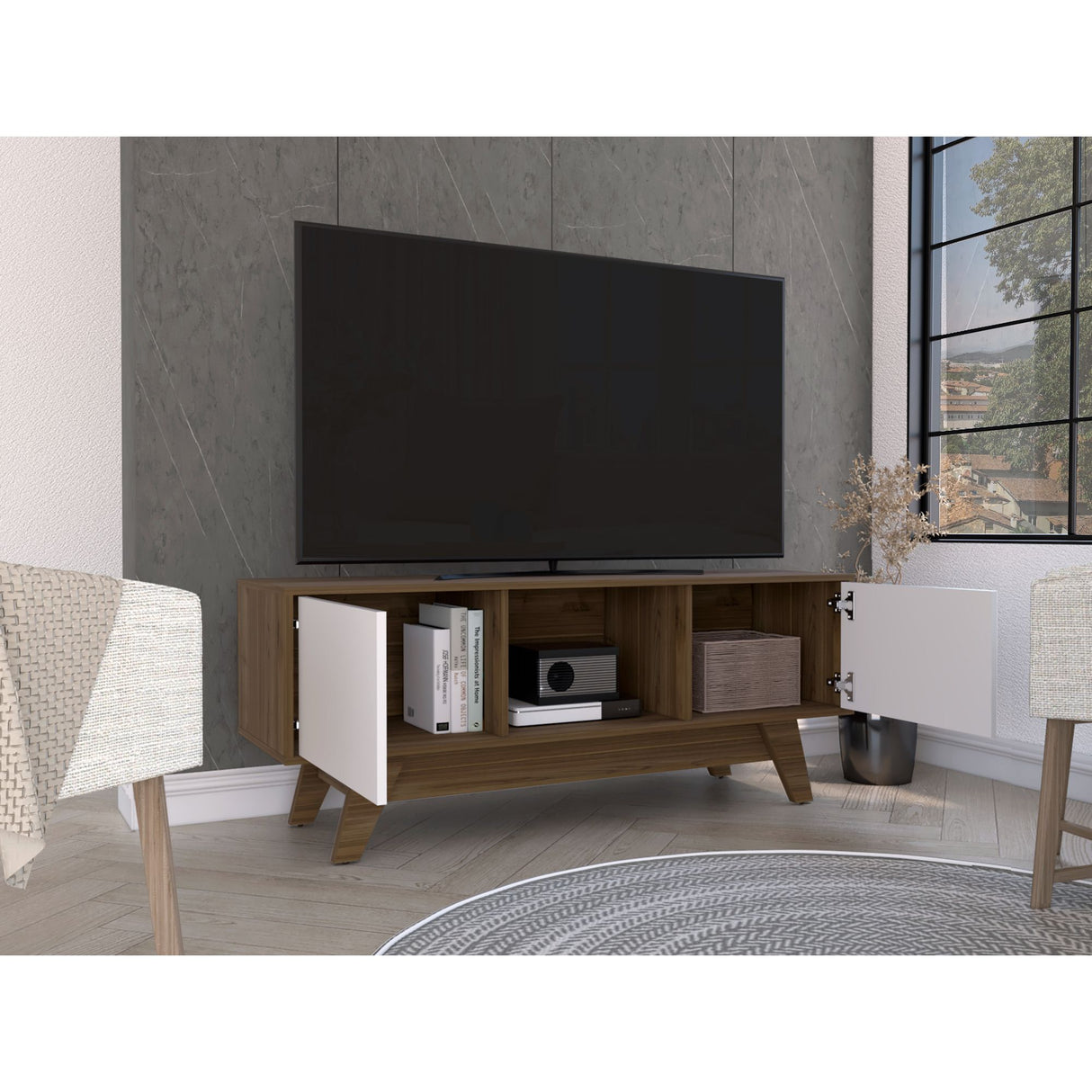 Rack de TV Romero Gales y Blanco 135x53.7cm Para TV Hasta 55 Pulgadas - MUEBLES DE TV | Bylmo