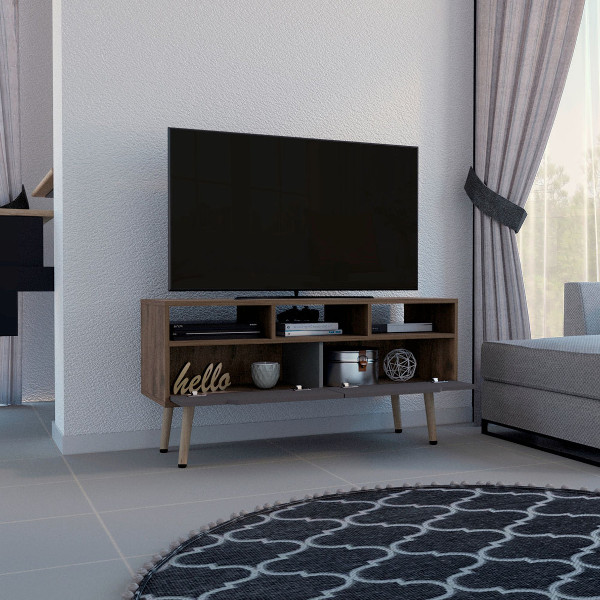 Rack de TV Oslo Bellota y Plomo 117x58cm Para TV Hasta 50 Pulgadas - MUEBLES DE TV | Bylmo