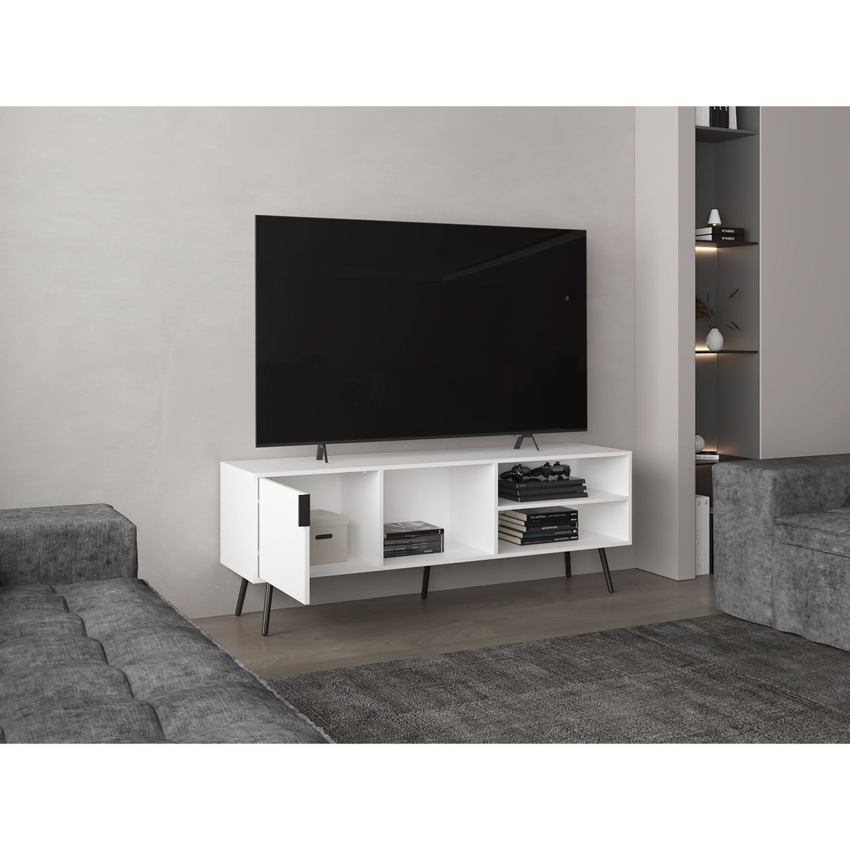 Rack de TV Vulcan Blanco y Capri 160x58cm Para TV Hasta 65 Pulgadas con Ranuras para Cables - MUEBLES DE TV | Bylmo