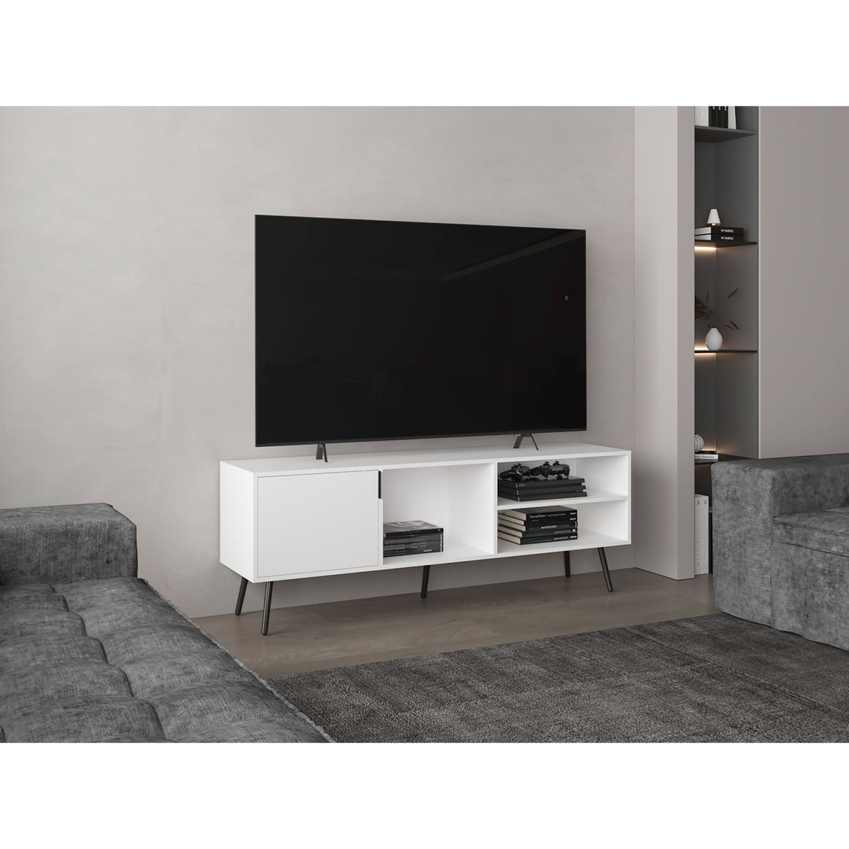 Rack de TV Vulcan Blanco y Capri 160x58cm Para TV Hasta 65 Pulgadas con Ranuras para Cables - MUEBLES DE TV | Bylmo