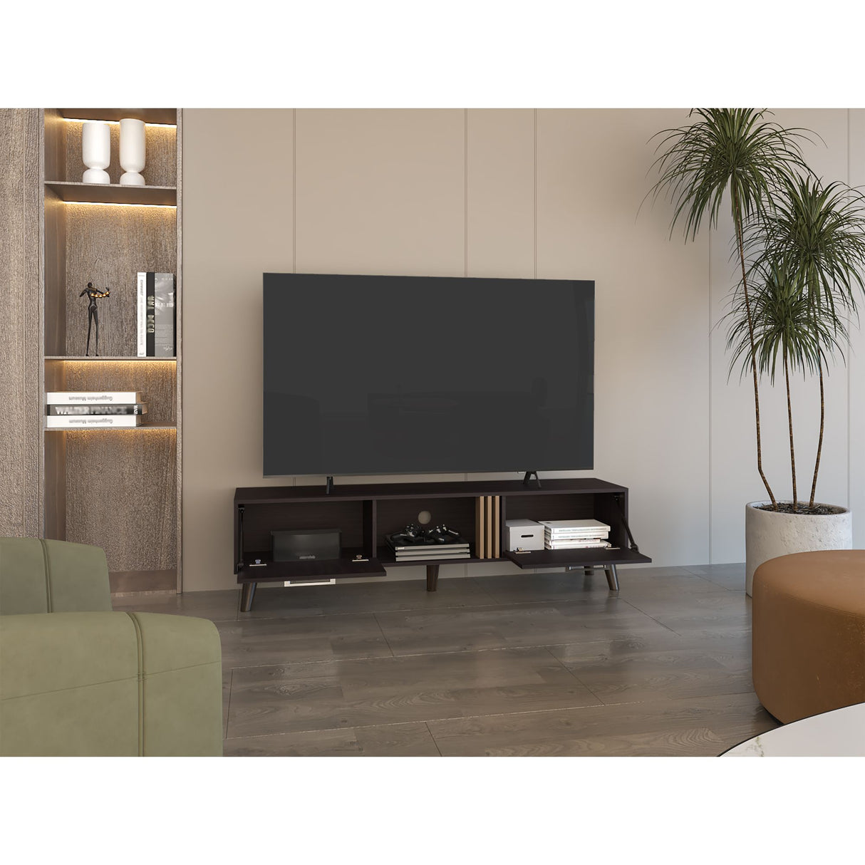 Rack de TV Vance Wengue y Fresno Europeo 160x43cm Para TV Hasta 70 Pulgadas con Ranuras para Cables - MUEBLES DE TV | Bylmo