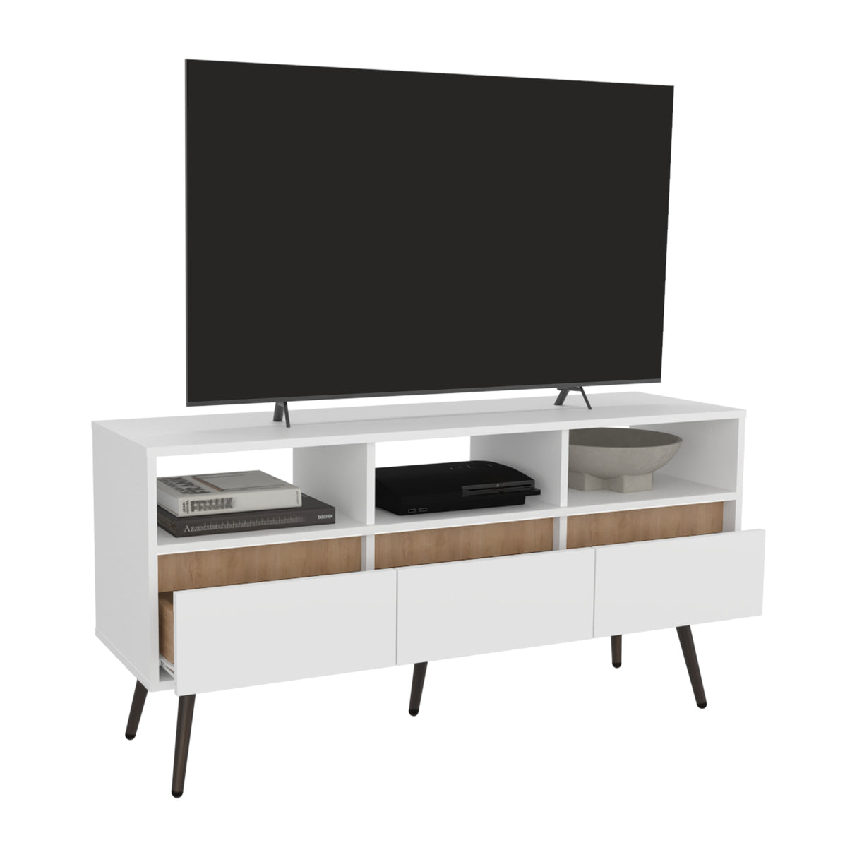 Rack de TV Aranjuez Blanco y Fresno 120.2x60cm Para TV Hasta 50 Pulgadas - MUEBLES DE TV | Bylmo