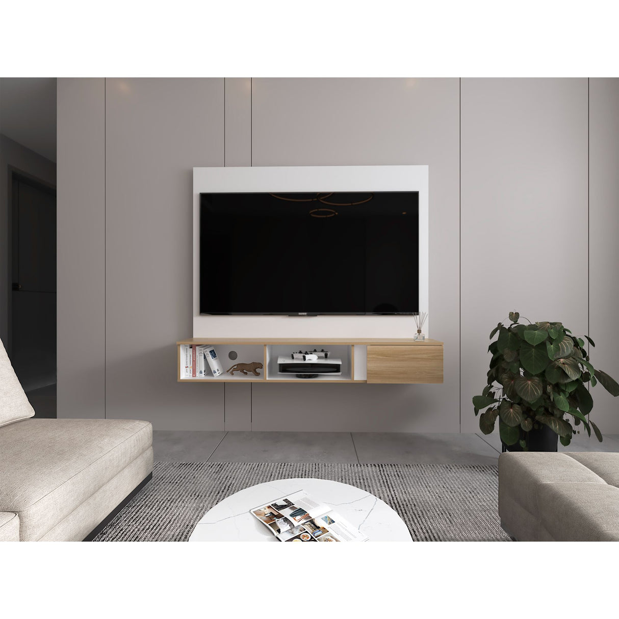 Panel de TV Flotante Dassel Blanco y Fresno Europeo 150x132.5cm Para TV Hasta 65 Pulgadas con Ranuras para Cables - MUEBLES DE TV | Bylmo