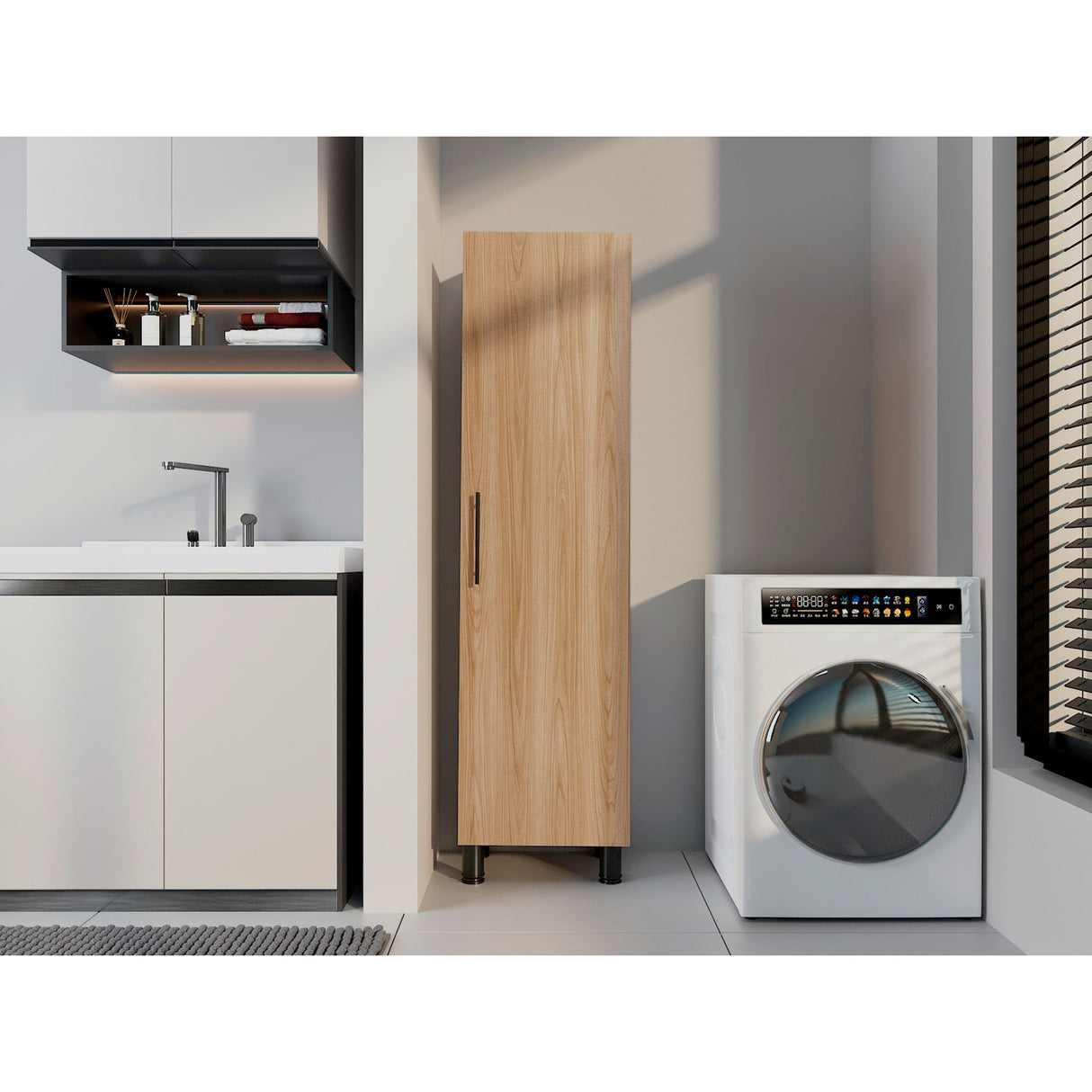 Organizador de Aseo Rayle Fresno Europeo y Blanco 48x182cm con Puerta Batible y con Patas - MUEBLES DE ASEO Y ROPAS | Bylmo