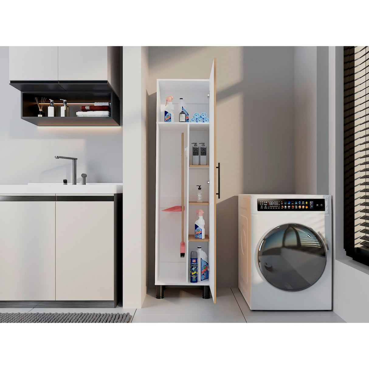 Organizador de Aseo Rayle Fresno Europeo y Blanco 48x182cm con Puerta Batible y con Patas - MUEBLES DE ASEO Y ROPAS | Bylmo