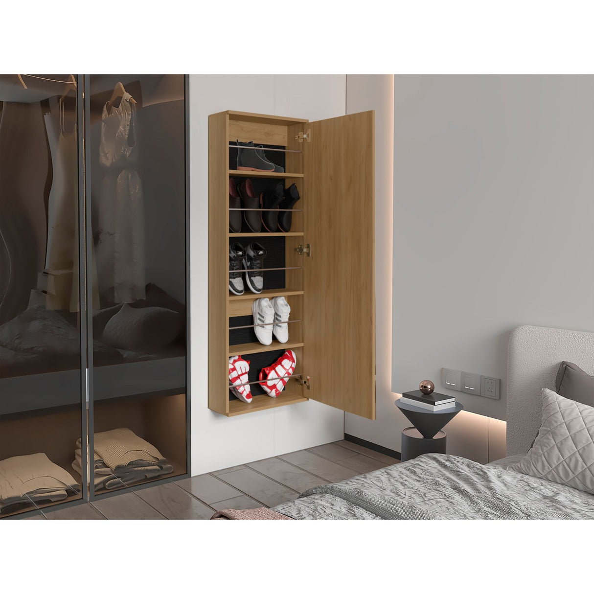 Zapatero de Pared Leto Fresno Europeo 47x138cm Flotante de Cinco Niveles con Espejo - ZAPATEROS | Bylmo