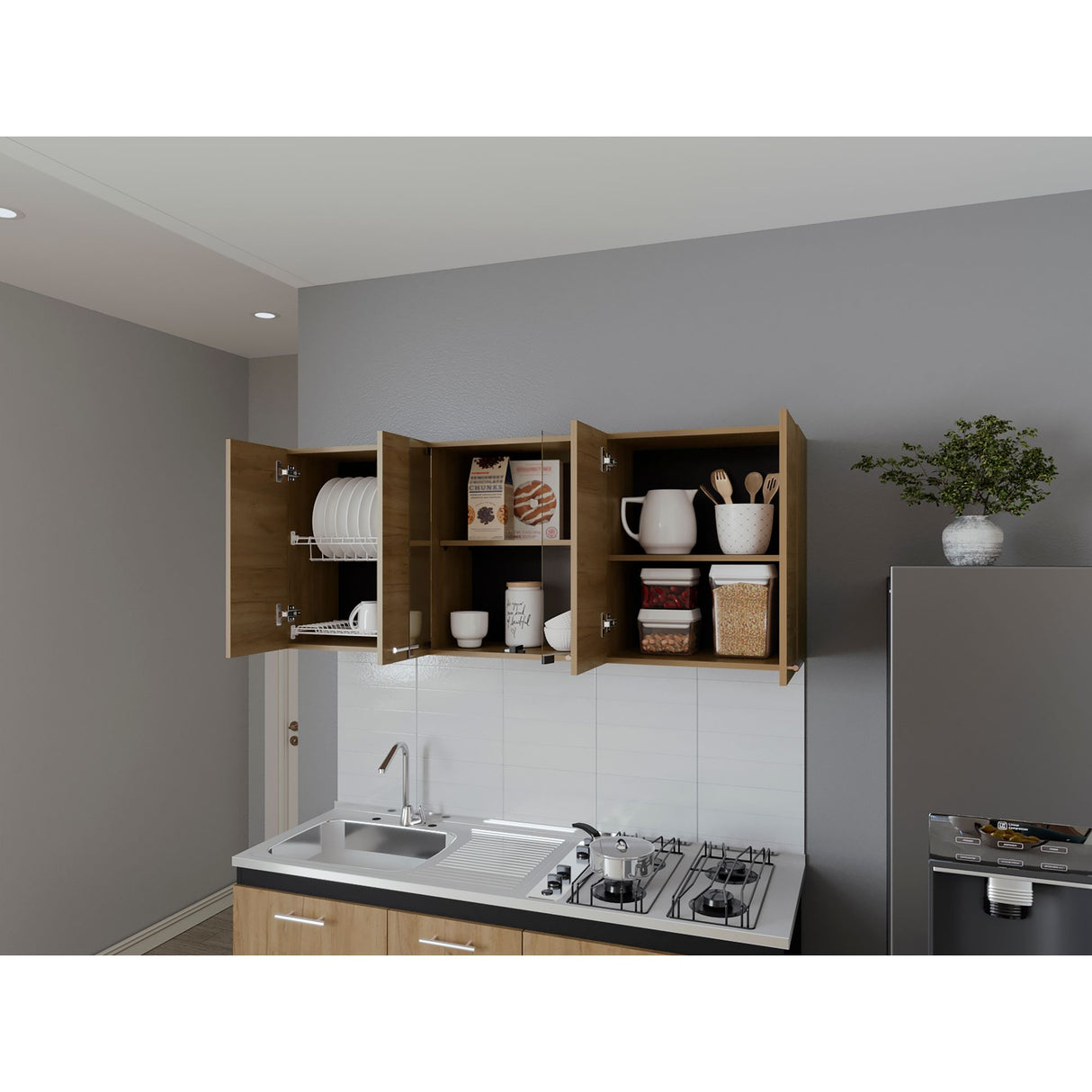 Mueble Superior de Cocina Fresno Europeo 150x60cm con Locero - MUEBLES SUPERIORES DE COCINA | Bylmo