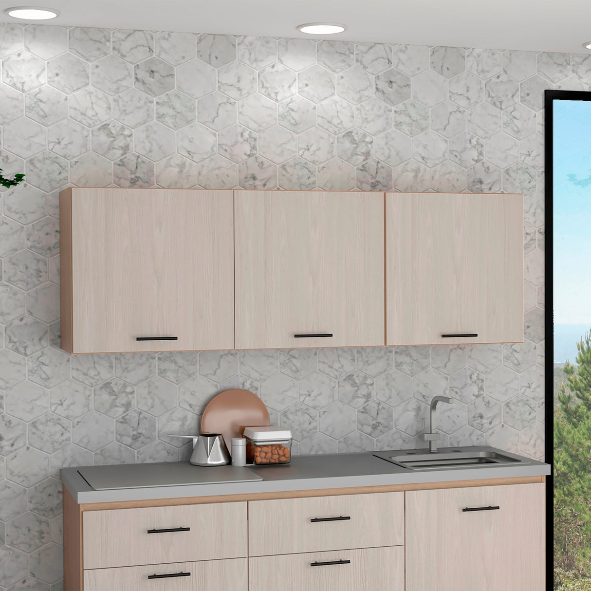 Mueble Superior de Cocina Gante Rovere y Niebla 180x60cm con Locero - MUEBLES SUPERIORES DE COCINA | Bylmo