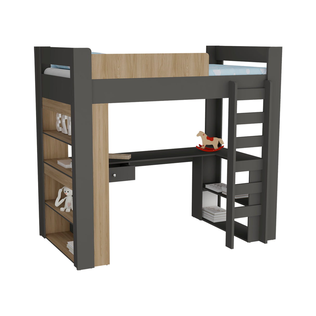 Cama Multifuncional Cozy Plomo y Fresno Europeo 201.2x183.6cm para Colchón Sencilla 100 X 190 Cm con Cabecero y Piecero - CAMAS | Bylmo