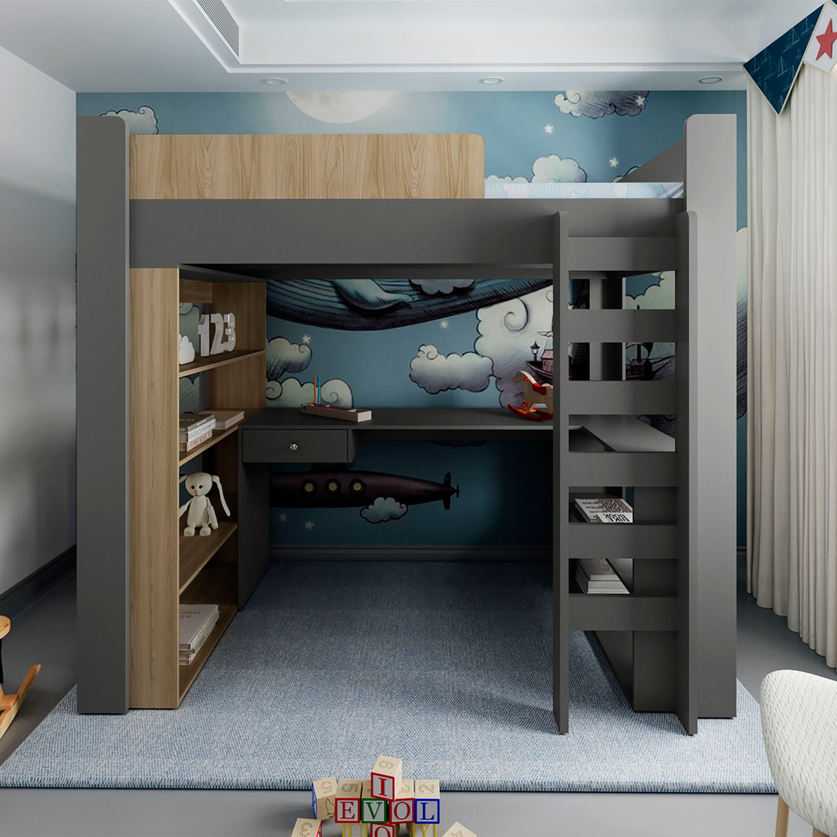 Cama Multifuncional Cozy Plomo y Fresno Europeo 201.2x183.6cm para Colchón Sencilla 100 X 190 Cm con Cabecero y Piecero - CAMAS | Bylmo