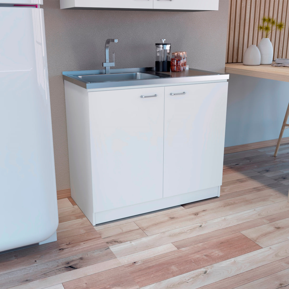 Mueble Inferior de Cocina Napoles Blanco 100x90cm Con Mesón de Acero Inoxidable para Lado Izquierdo y sin Estufa - MUEBLES INFERIORES DE COCINA | Bylmo