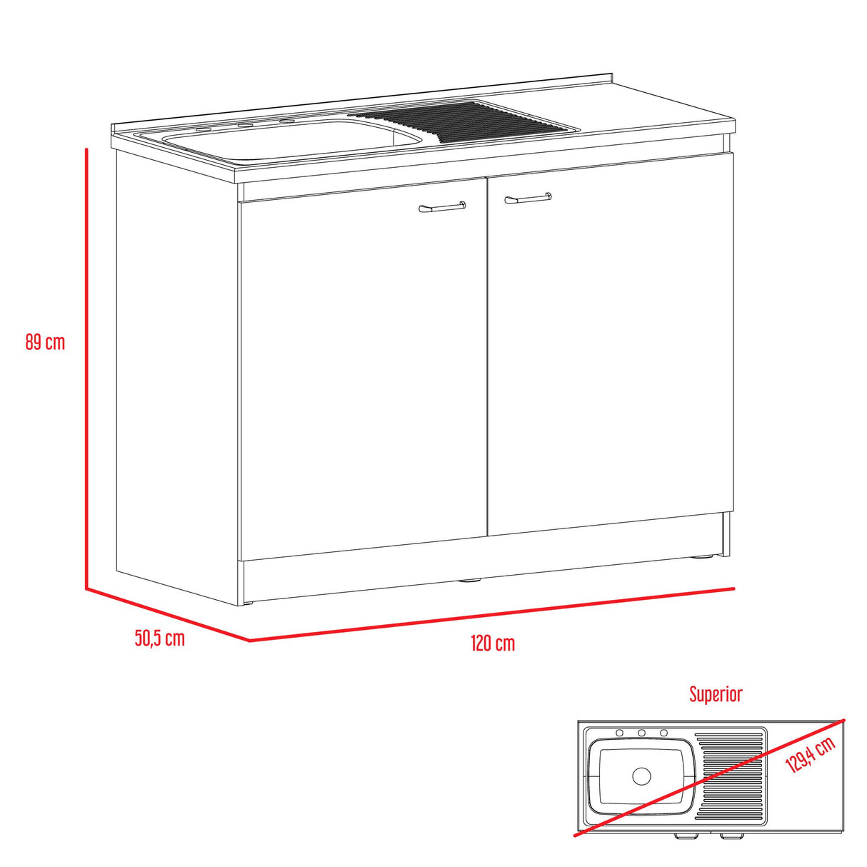 Mueble Inferior de Cocina Napoles Blanco 120x89cm Con Mesón de Acero Inoxidable para Lado Izquierdo y sin Estufa - MUEBLES INFERIORES DE COCINA | Bylmo