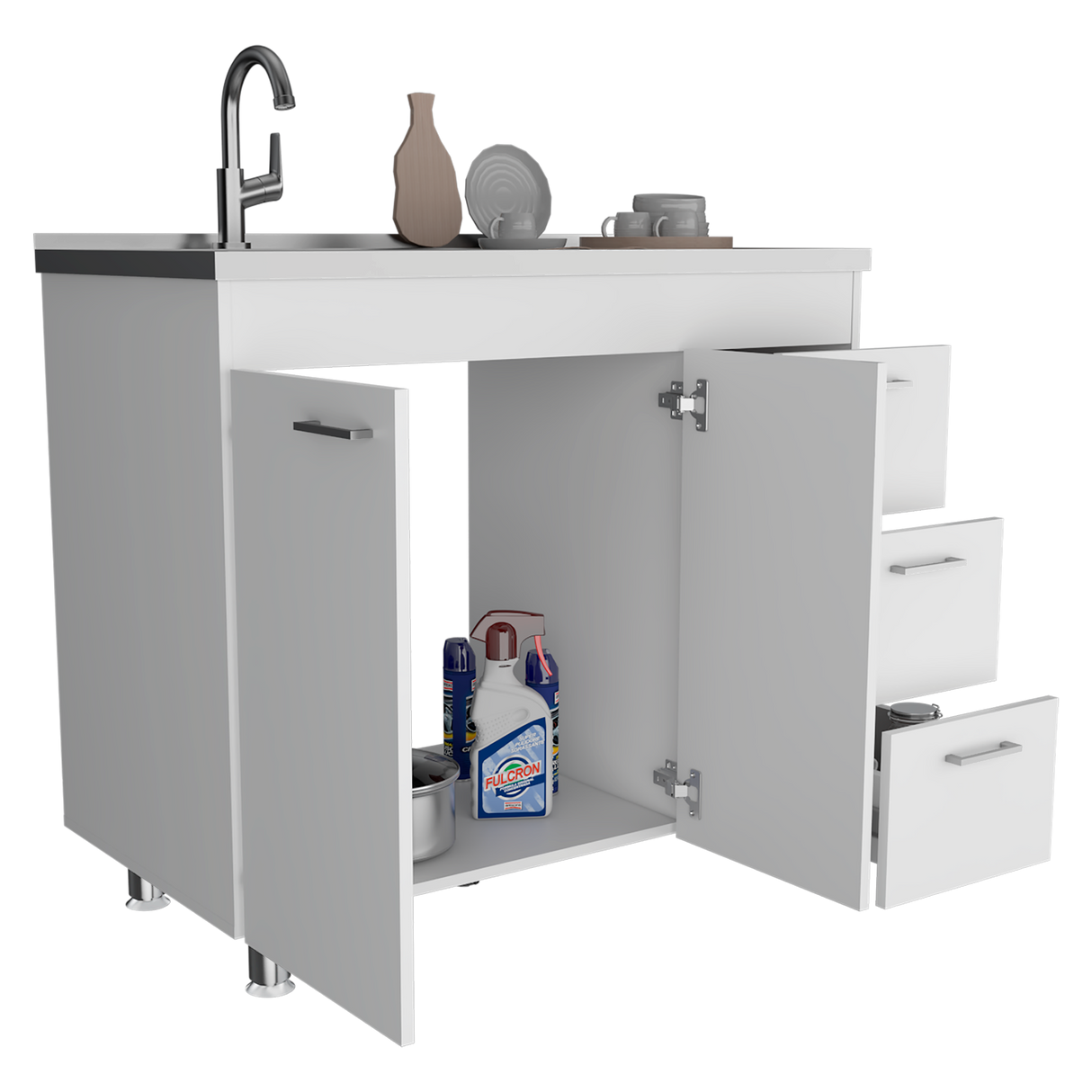 Mueble Inferior de Cocina Ferreti Blanco 100x90cm Con Mesón de Acero Inoxidable para Lado Izquierdo y sin Estufa - MUEBLES INFERIORES DE COCINA | Bylmo