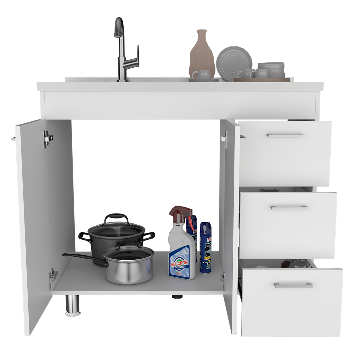 Mueble Inferior de Cocina Ferreti Blanco 100x90cm Con Mesón de Acero Inoxidable para Lado Izquierdo y sin Estufa - MUEBLES INFERIORES DE COCINA | Bylmo