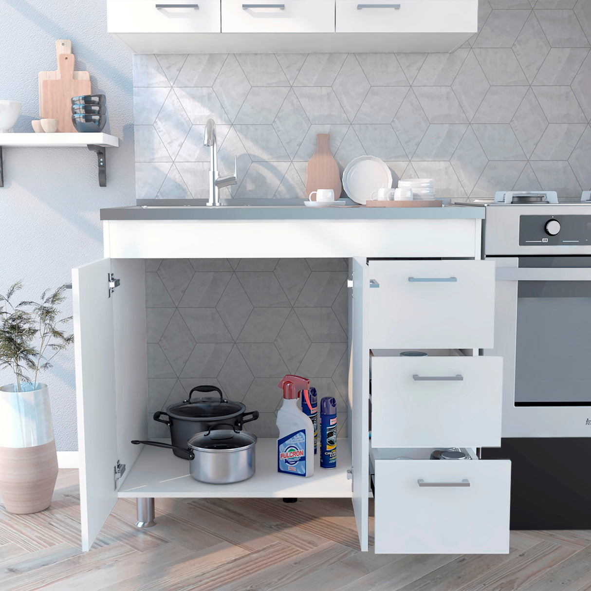 Mueble Inferior de Cocina Ferreti Blanco 100x90cm Con Mesón de Acero Inoxidable para Lado Izquierdo y sin Estufa - MUEBLES INFERIORES DE COCINA | Bylmo