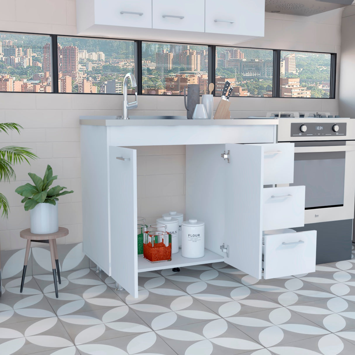 Mueble Inferior de Cocina Ferreti Blanco 100x90cm Con Mesón de Acero Inoxidable para Lado Izquierdo y sin Estufa - MUEBLES INFERIORES DE COCINA | Bylmo