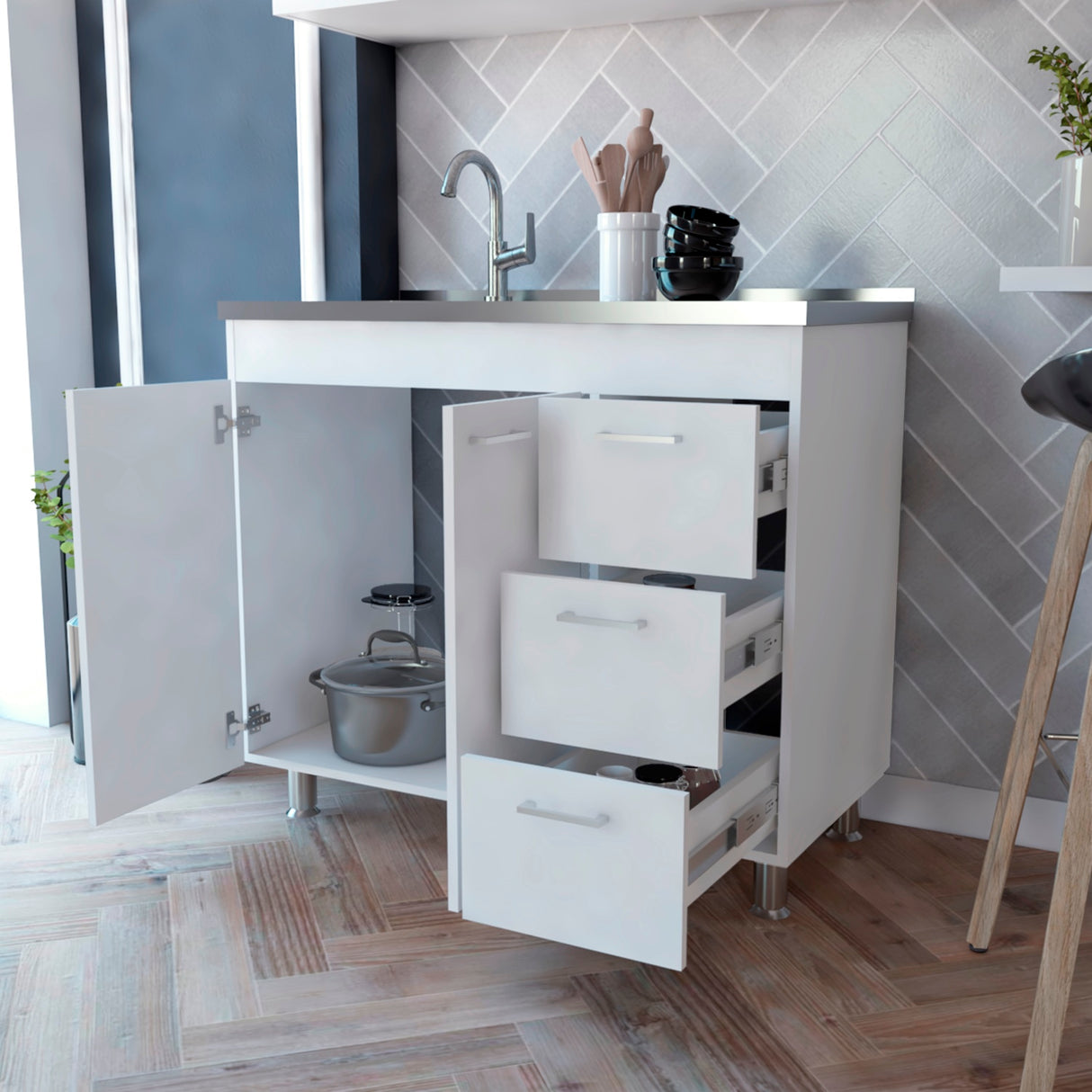 Mueble Inferior de Cocina Ferreti Blanco 100x90cm Con Mesón de Acero Inoxidable para Lado Izquierdo y sin Estufa - MUEBLES INFERIORES DE COCINA | Bylmo