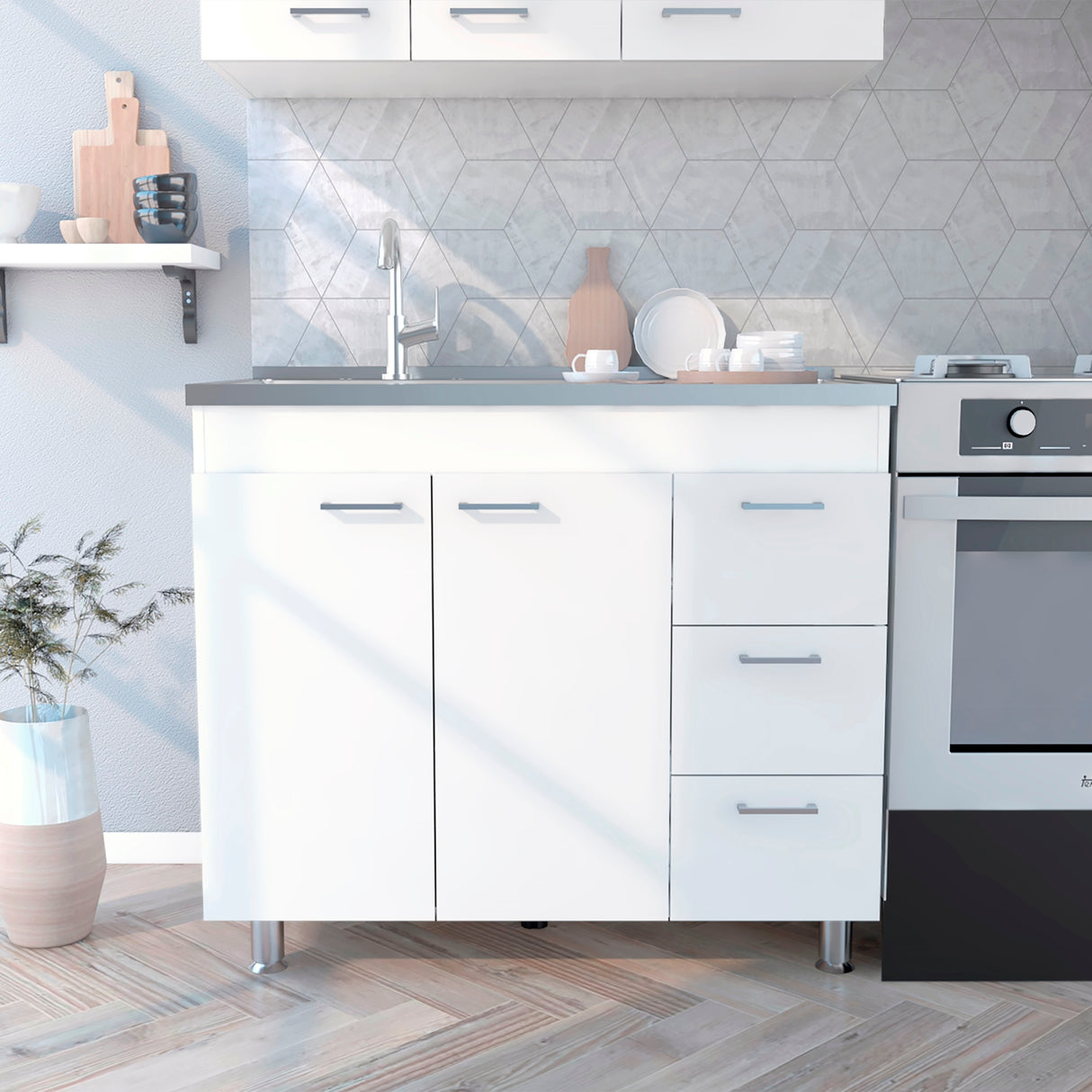 Mueble Inferior de Cocina Ferreti Blanco 100x90cm Con Mesón de Acero Inoxidable para Lado Izquierdo y sin Estufa - MUEBLES INFERIORES DE COCINA | Bylmo