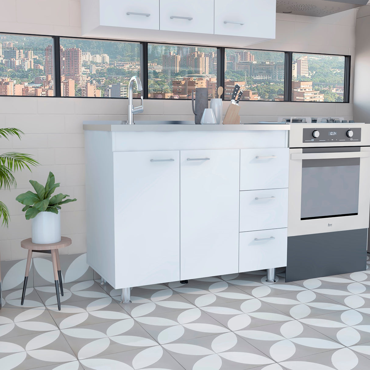 Mueble Inferior de Cocina Ferreti Blanco 100x90cm Con Mesón de Acero Inoxidable para Lado Izquierdo y sin Estufa - MUEBLES INFERIORES DE COCINA | Bylmo