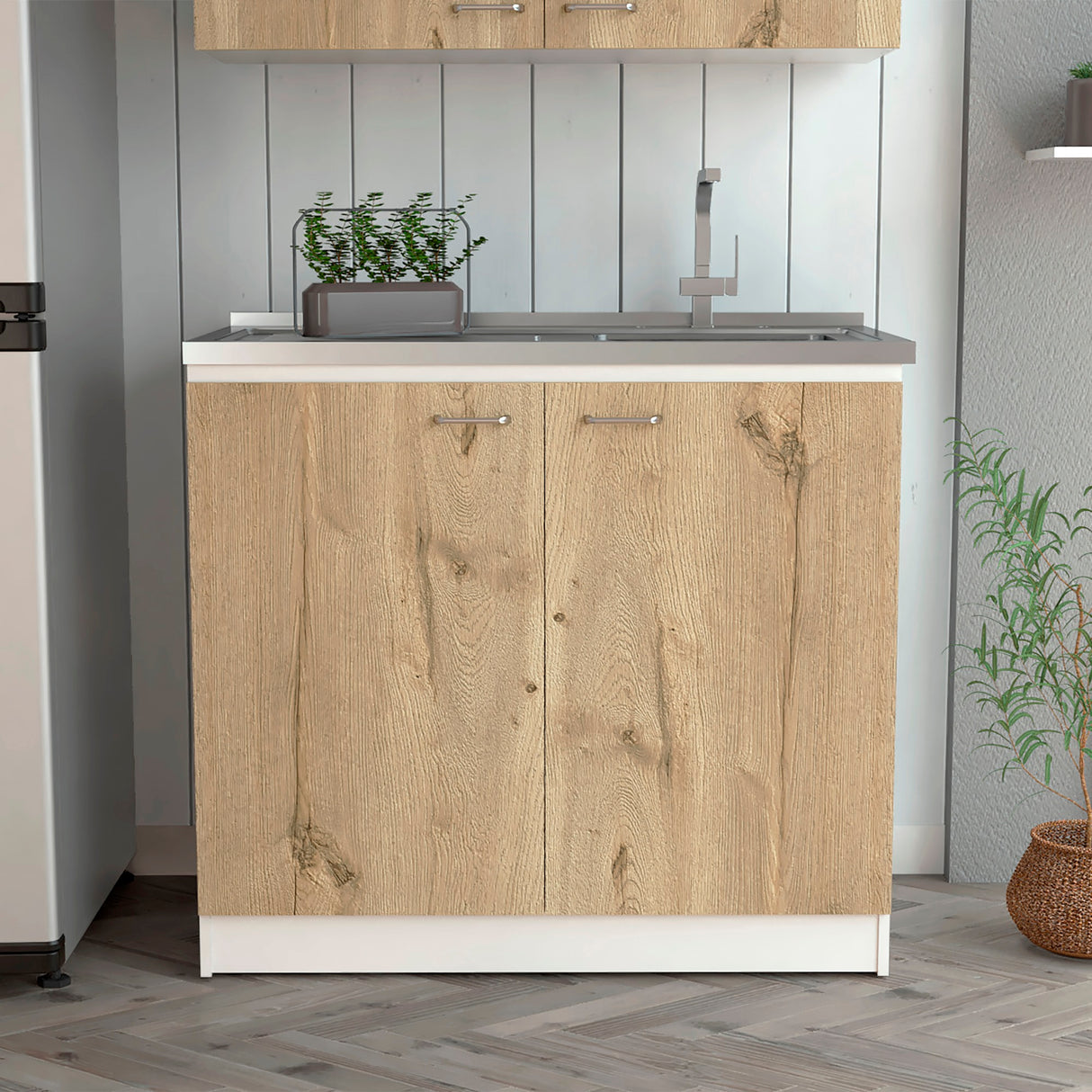 Mueble Inferior de Cocina Napoles Blanco y Duna 100x90cm Con Mesón de Acero Inoxidable para Lado Izquierdo y sin Estufa - MUEBLES INFERIORES DE COCINA | Bylmo