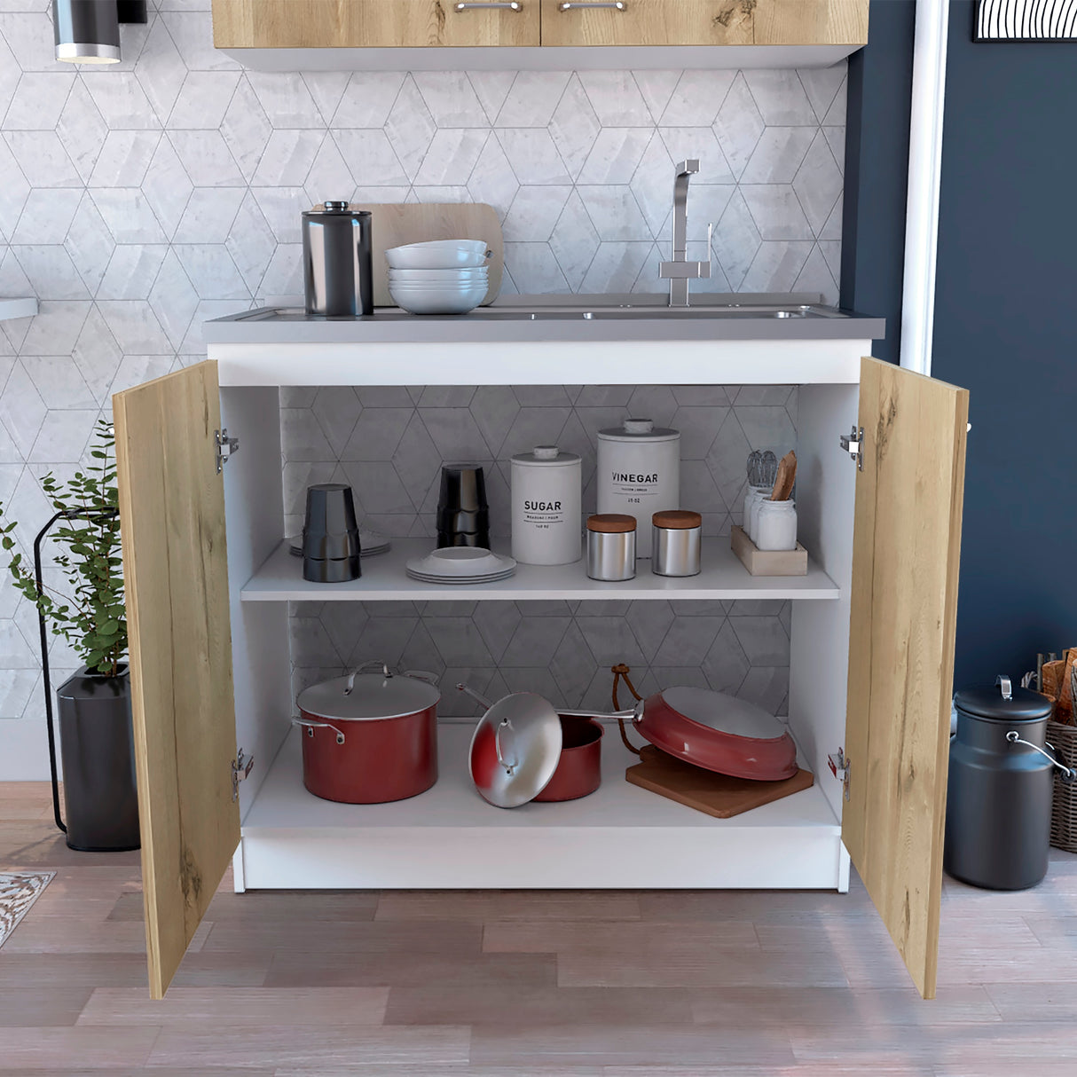 Mueble Inferior de Cocina Napoles Blanco y Duna 100x90cm Con Mesón de Acero Inoxidable para Lado Izquierdo y sin Estufa - MUEBLES INFERIORES DE COCINA | Bylmo