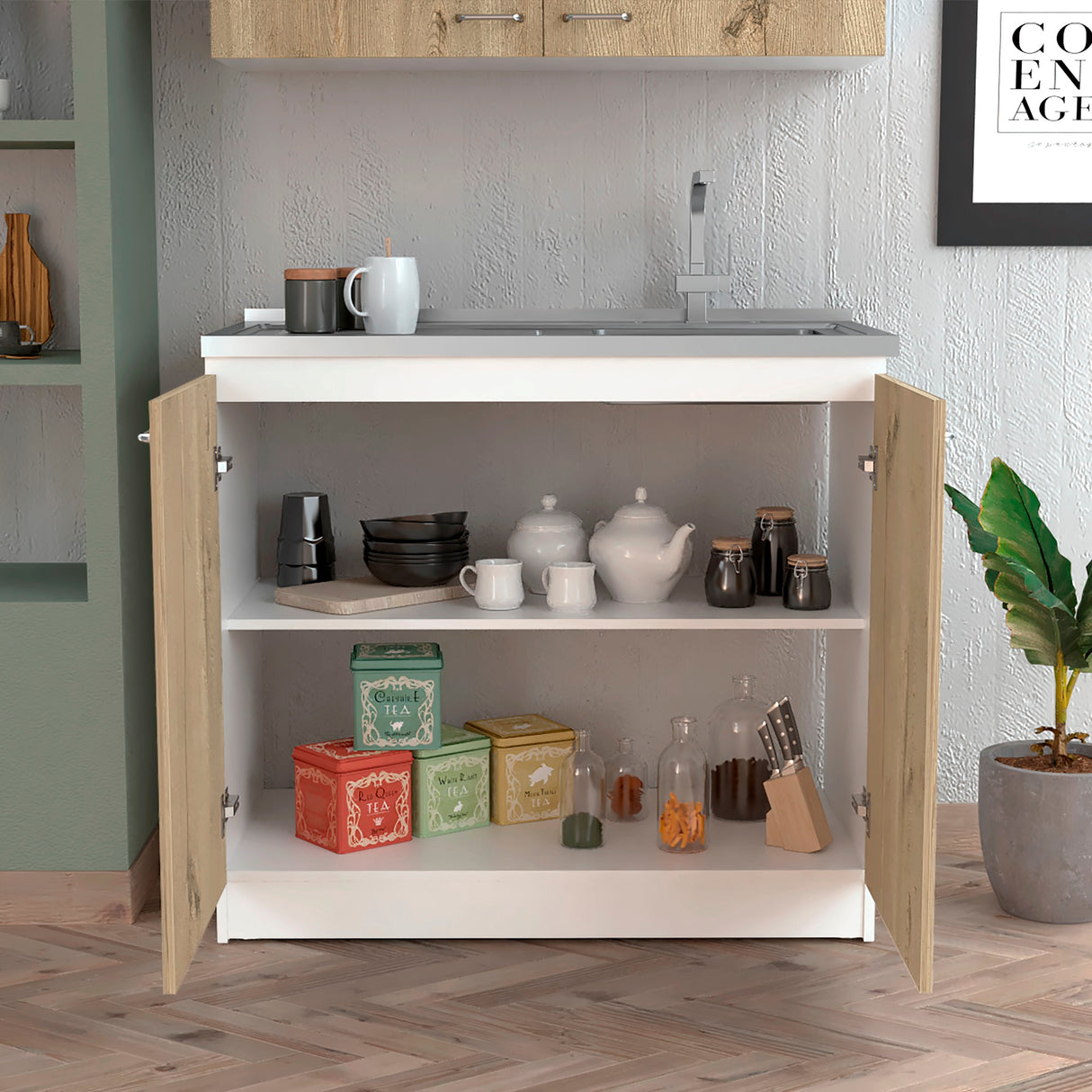 Mueble Inferior de Cocina Napoles Blanco y Duna 100x90cm Con Mesón de Acero Inoxidable para Lado Izquierdo y sin Estufa - MUEBLES INFERIORES DE COCINA | Bylmo