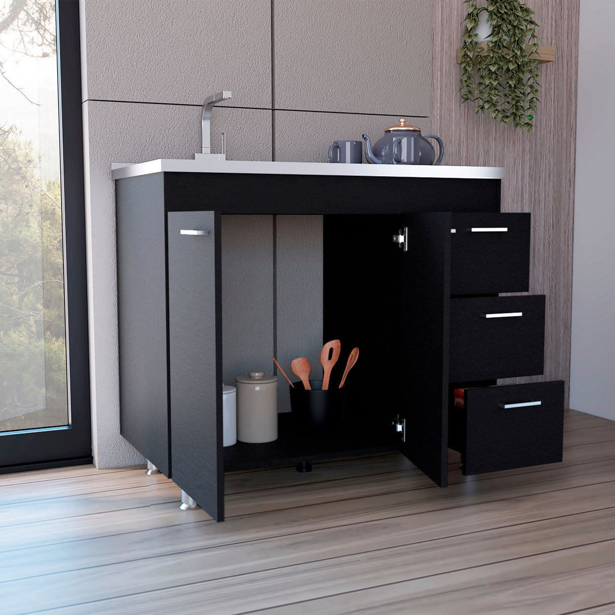 Mueble Inferior de Cocina Ferreti Wengue 100x90cm Con Mesón de Acero Inoxidable para Lado Izquierdo y sin Estufa - MUEBLES INFERIORES DE COCINA | Bylmo