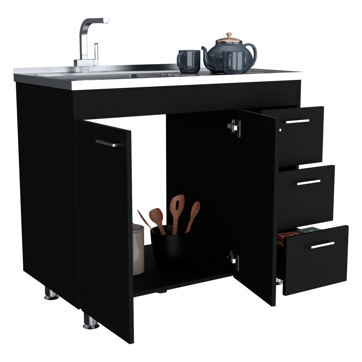 Mueble Inferior de Cocina Ferreti Wengue 100x90cm Con Mesón de Acero Inoxidable para Lado Izquierdo y sin Estufa - MUEBLES INFERIORES DE COCINA | Bylmo