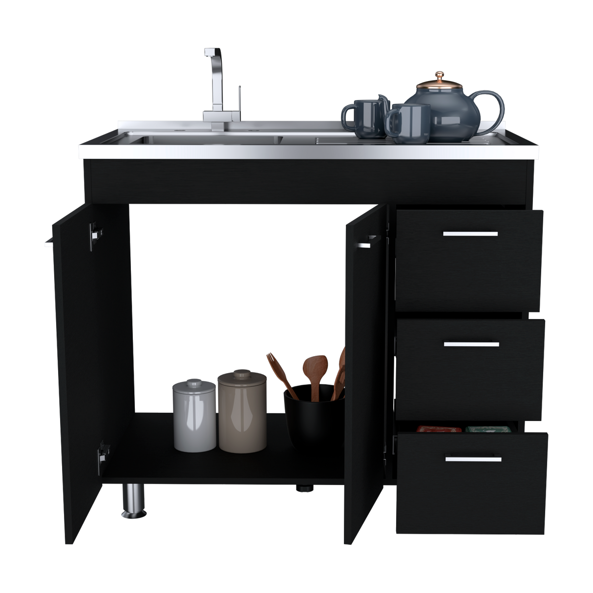 Mueble Inferior de Cocina Ferreti Wengue 100x90cm Con Mesón de Acero Inoxidable para Lado Izquierdo y sin Estufa - MUEBLES INFERIORES DE COCINA | Bylmo