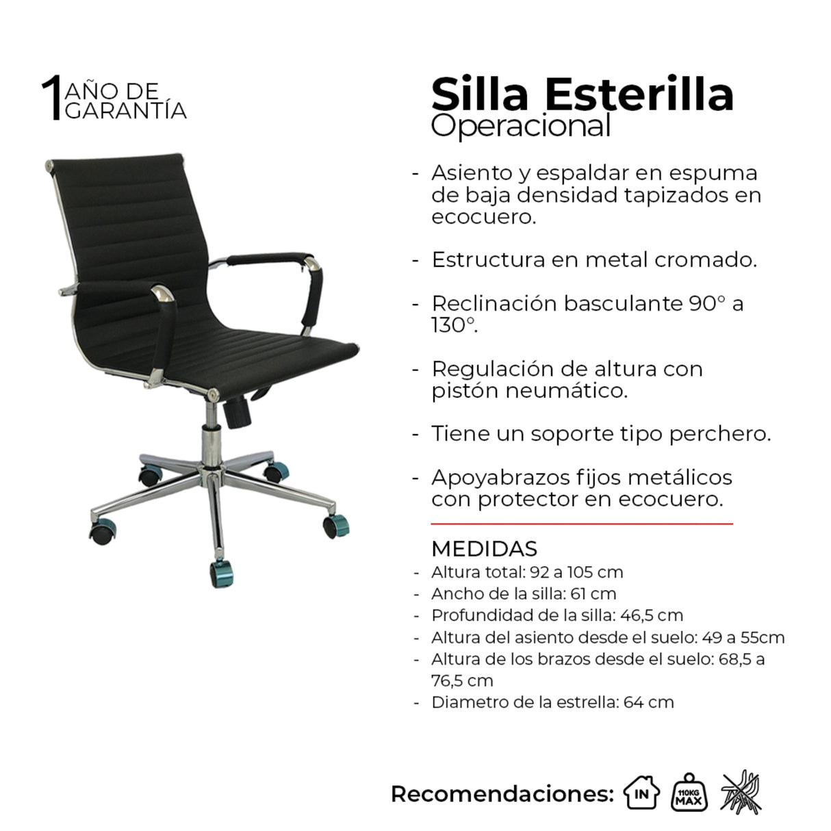 Silla de Oficina Esterilla Negro 61x46.5cm Reclinable y Giratoria con Ruedas - SILLAS DE OFICINA | Bylmo