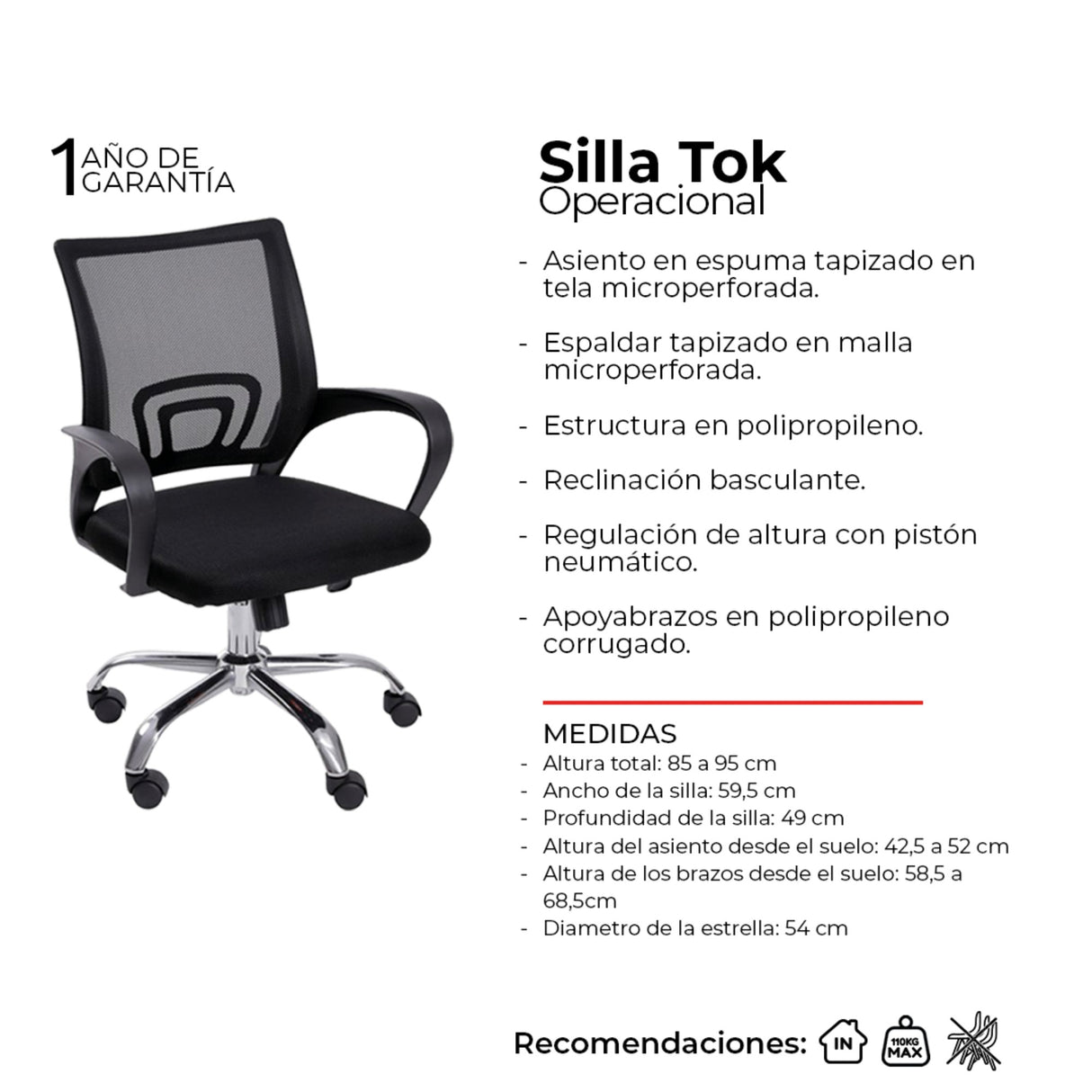 Silla de Oficina Tok Negro 57x52cm Reclinable y Giratoria con Ruedas - SILLAS DE OFICINA | Bylmo