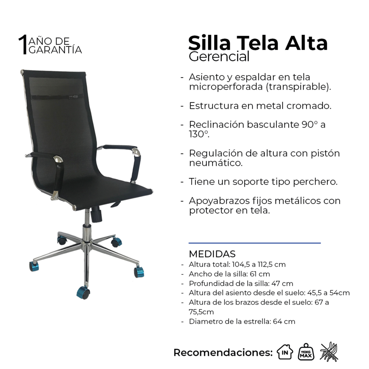Silla de Oficina Negro 61x47cm Reclinable y Giratoria con Ruedas - SILLAS DE OFICINA | Bylmo