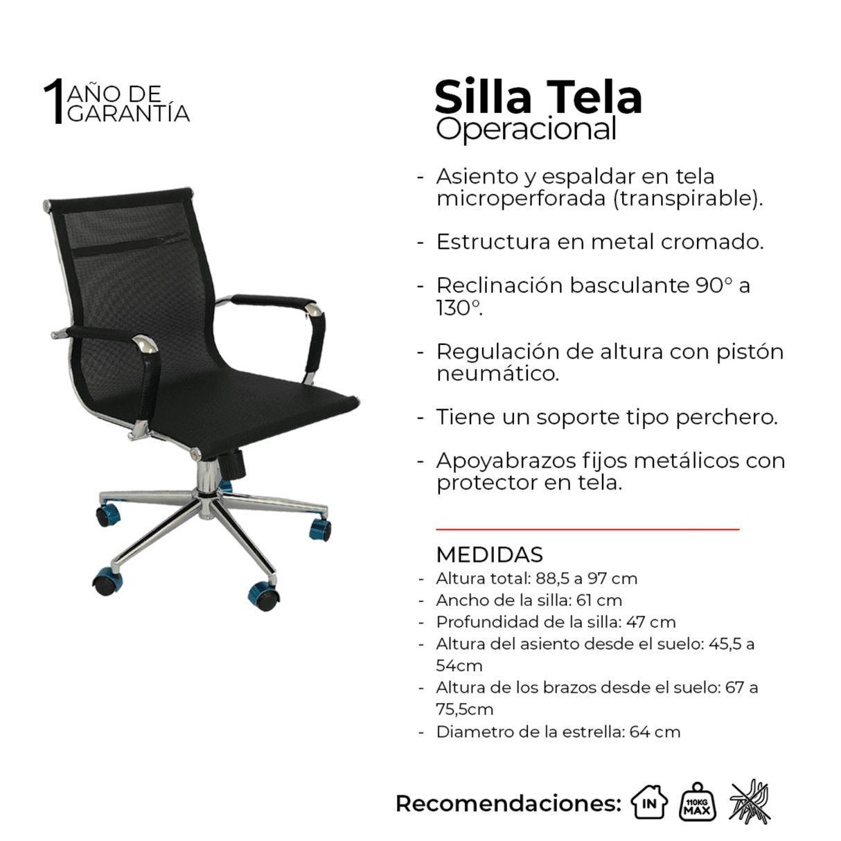 Silla de Oficina Negro 61x46.5cm Reclinable y Giratoria con Ruedas - SILLAS DE OFICINA | Bylmo