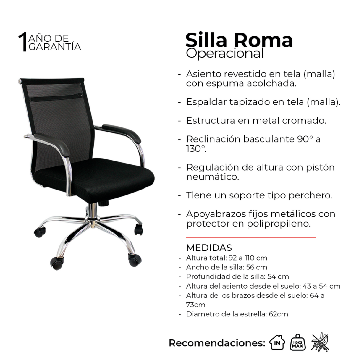Silla de Oficina Roma Negro 56x54cm Reclinable y Giratoria con Ruedas